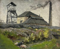 Figure Washing in Country Stream next to Industrial Building French Signed Oil