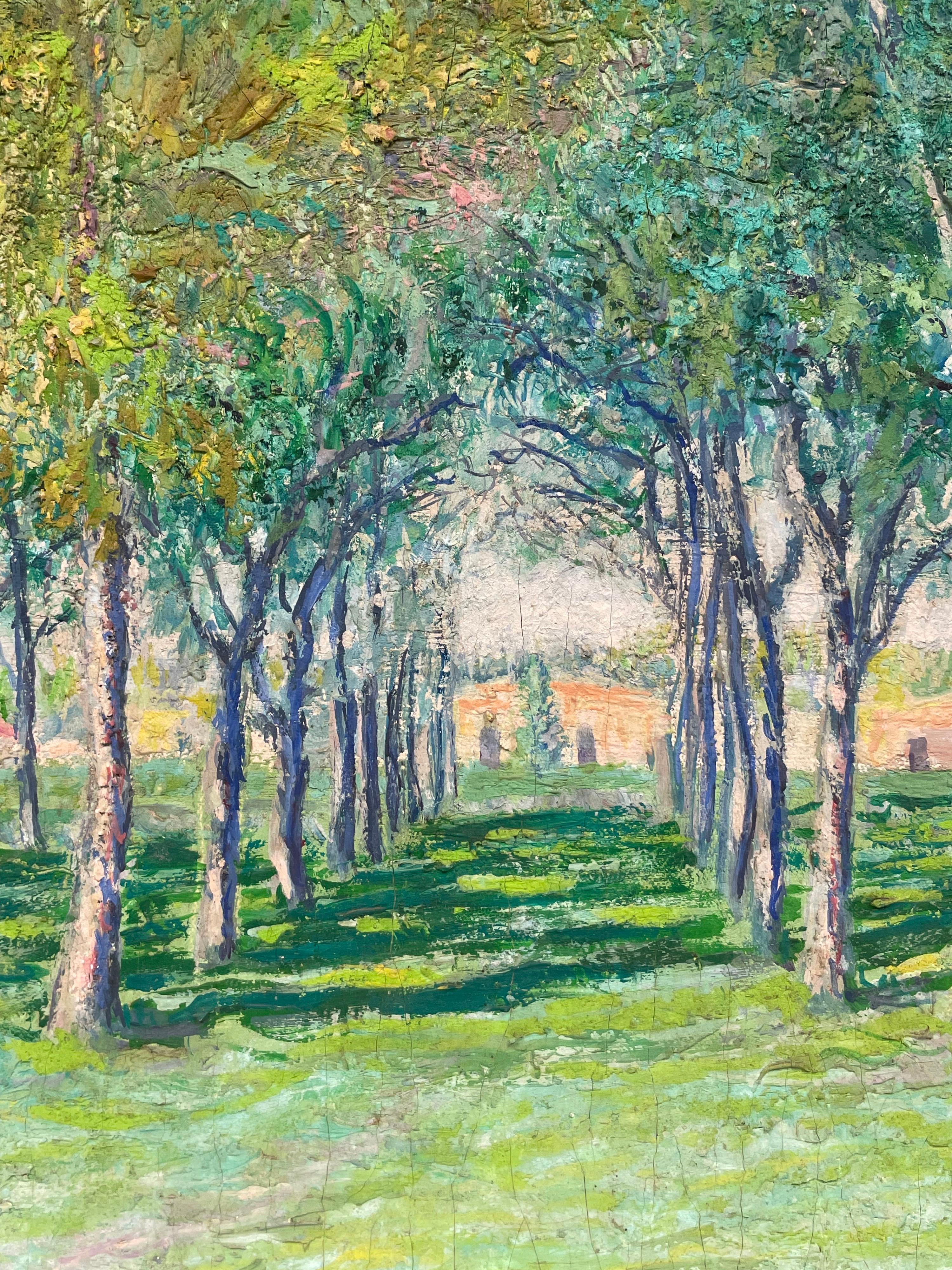 Very Large 1930's French Impressionist Signed Oil - Avenue of Green Wispy Trees For Sale 9