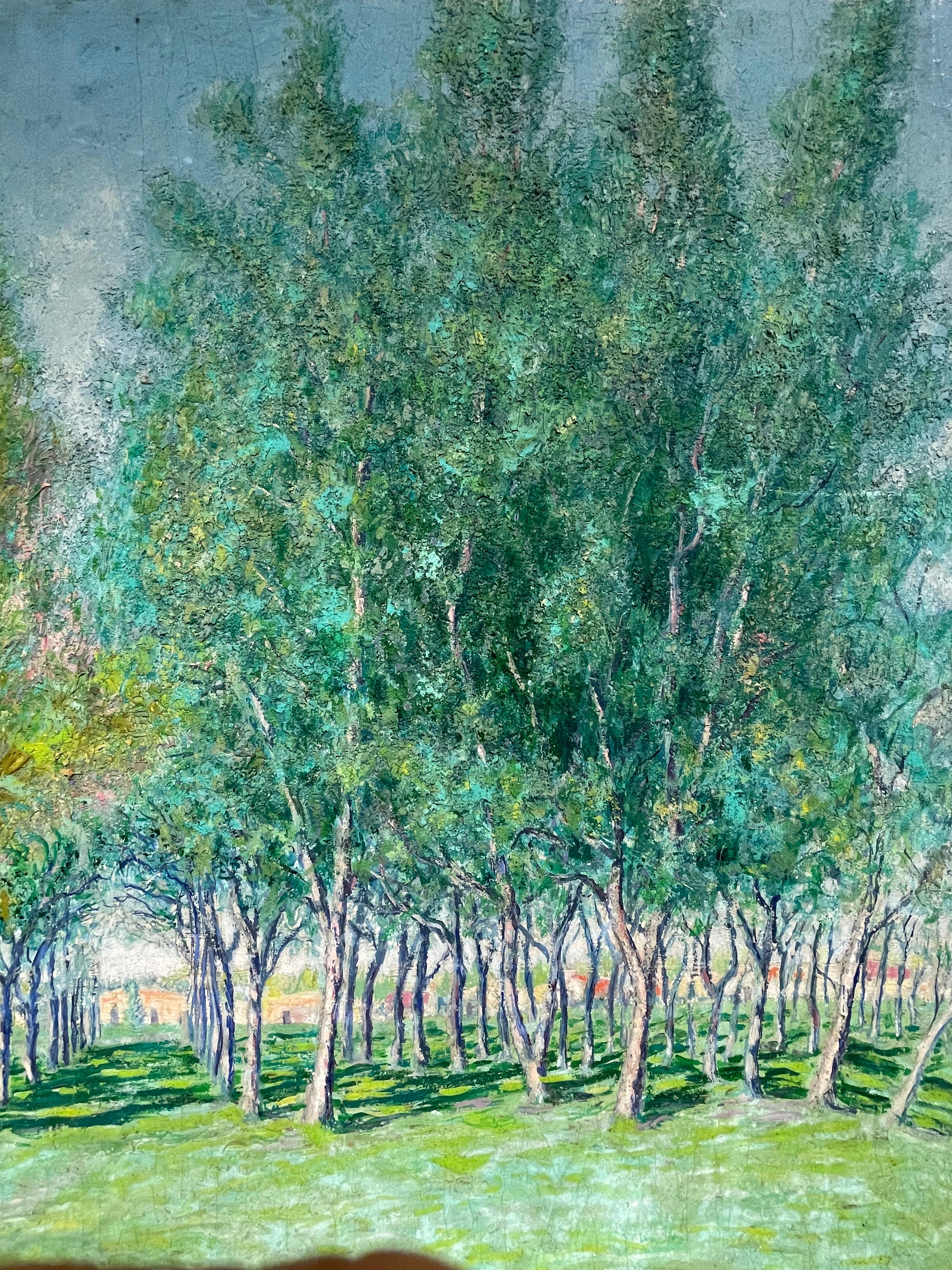 Very Large 1930's French Impressionist Signed Oil - Avenue of Green Wispy Trees For Sale 10