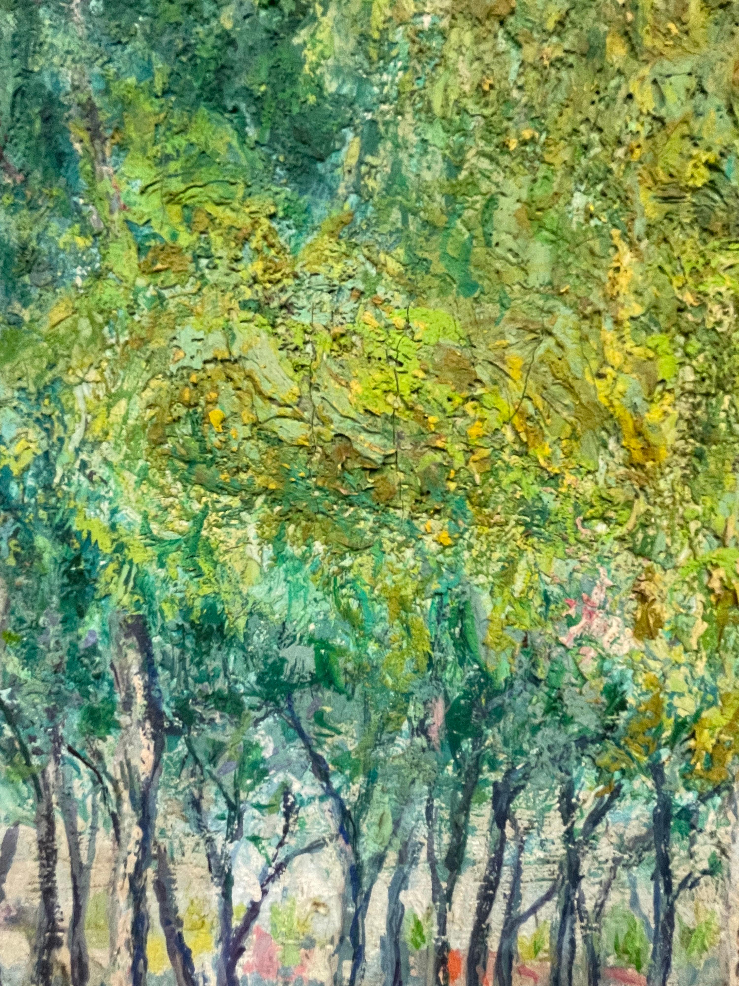 Very Large 1930's French Impressionist Signed Oil - Avenue of Green Wispy Trees For Sale 11