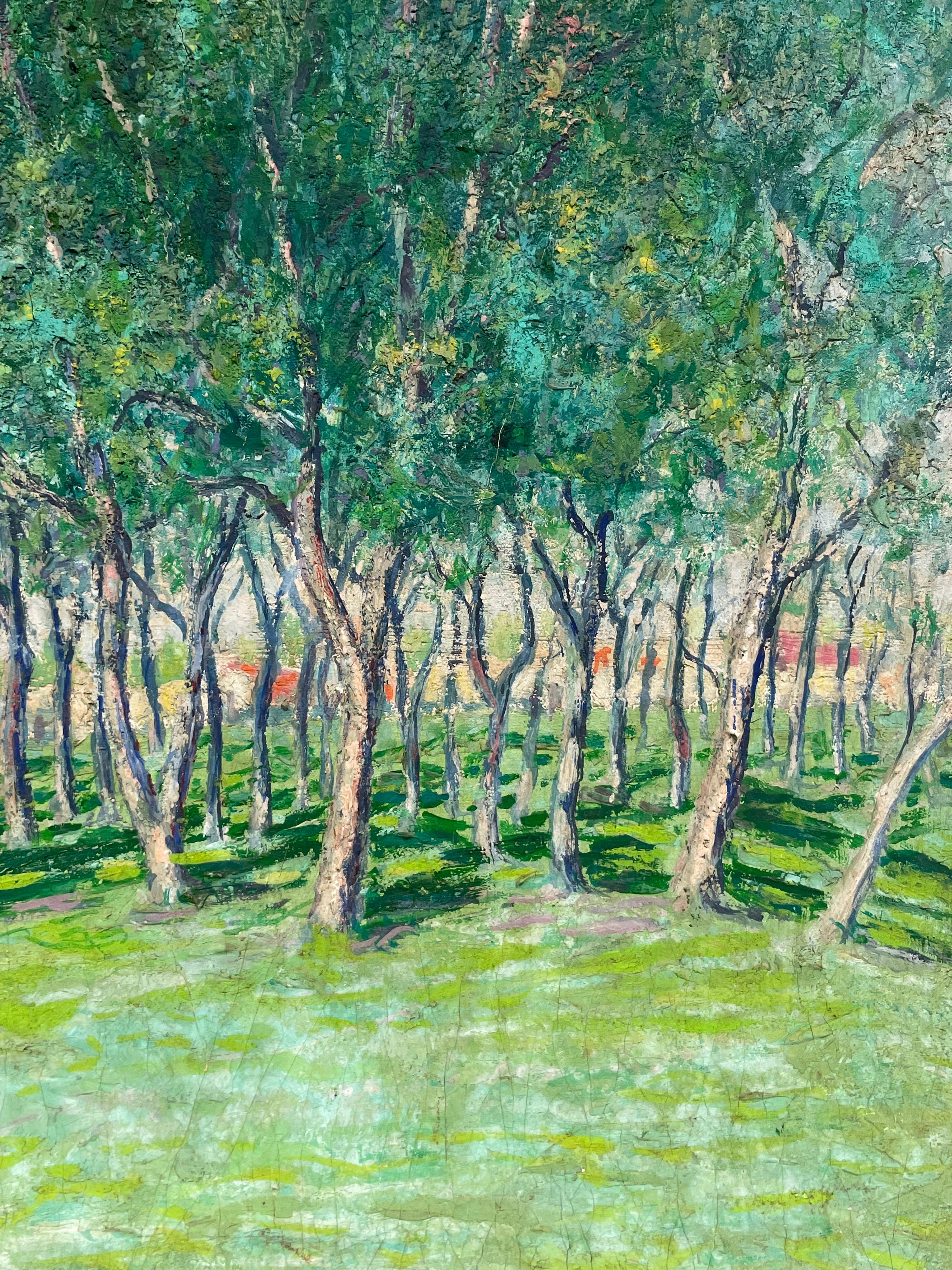 Very Large 1930's French Impressionist Signed Oil - Avenue of Green Wispy Trees For Sale 12