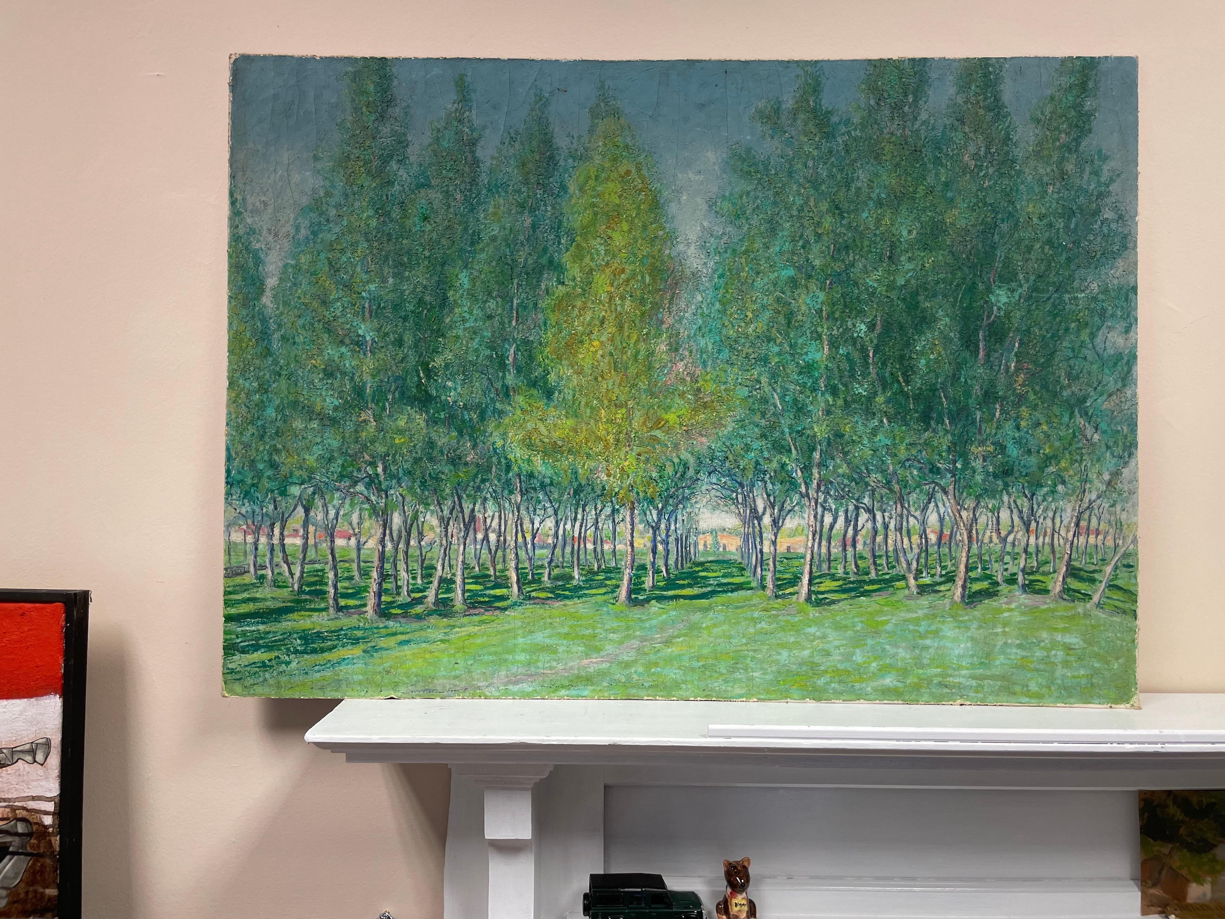 Very Large 1930's French Impressionist Signed Oil - Avenue of Green Wispy Trees For Sale 1