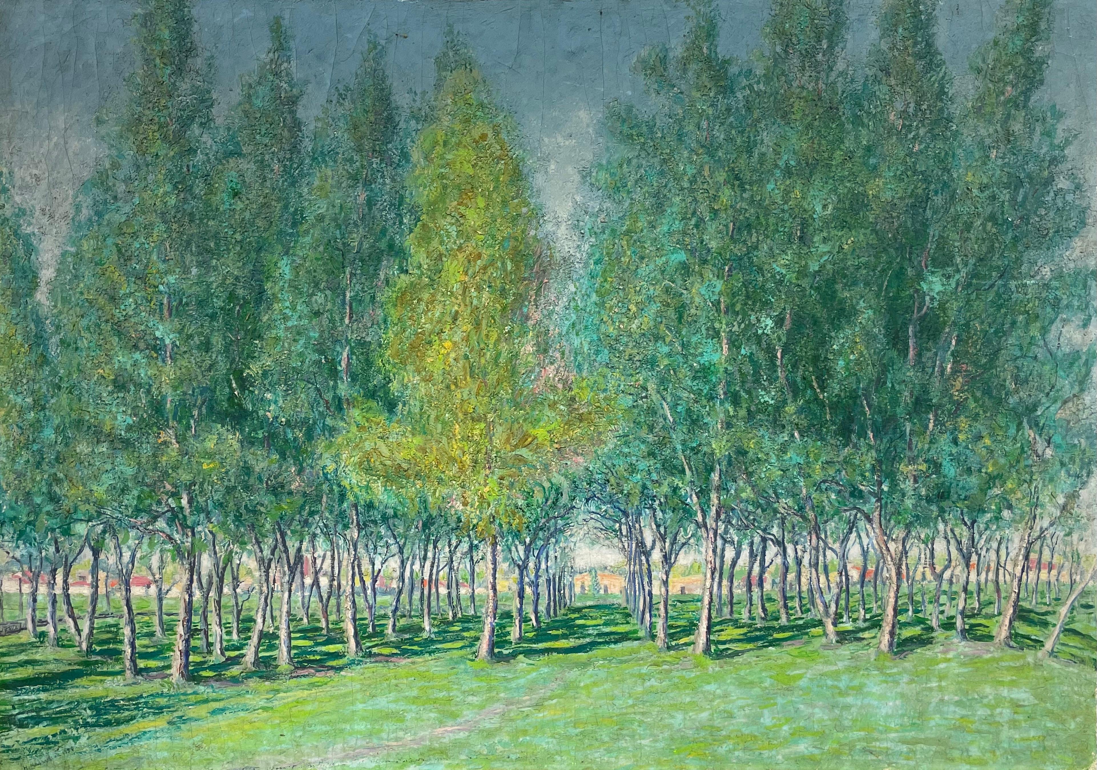 Très grande huile impressionniste française des années 1930, Avenue of Green Wispy Trees - Impressionnisme Painting par 1930's French Impressionist