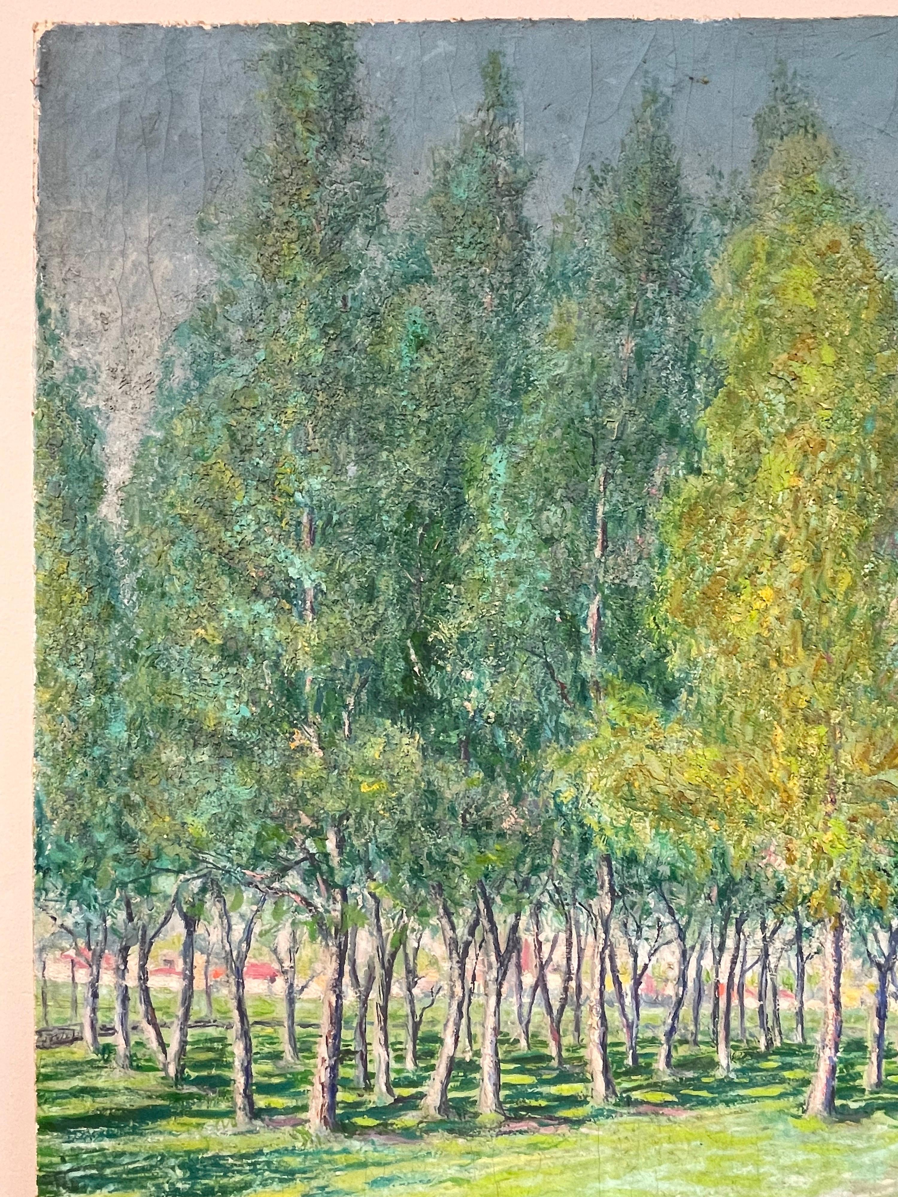 Very Large 1930's French Impressionist Signed Oil - Avenue of Green Wispy Trees For Sale 5