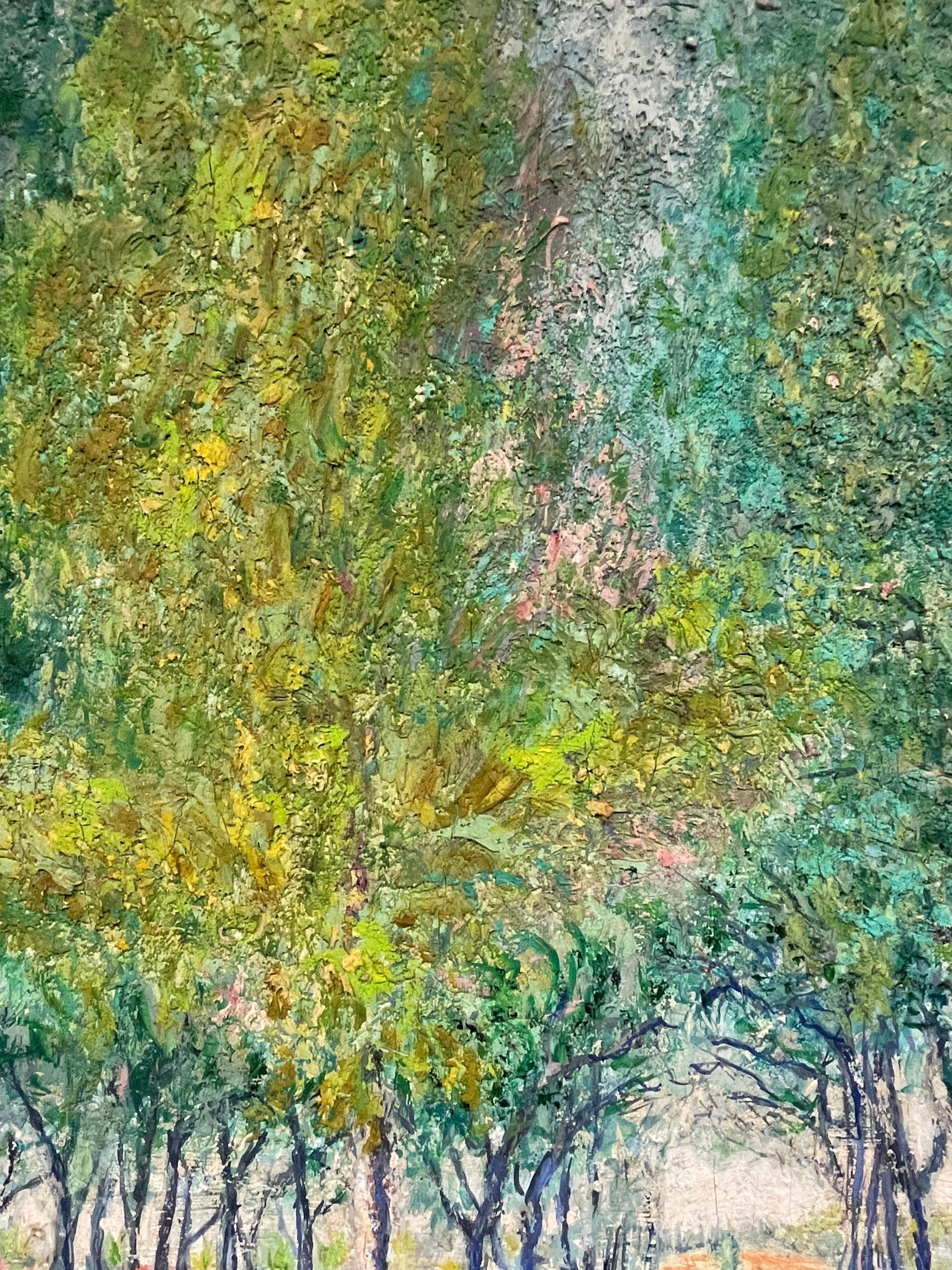 Very Large 1930's French Impressionist Signed Oil - Avenue of Green Wispy Trees For Sale 6