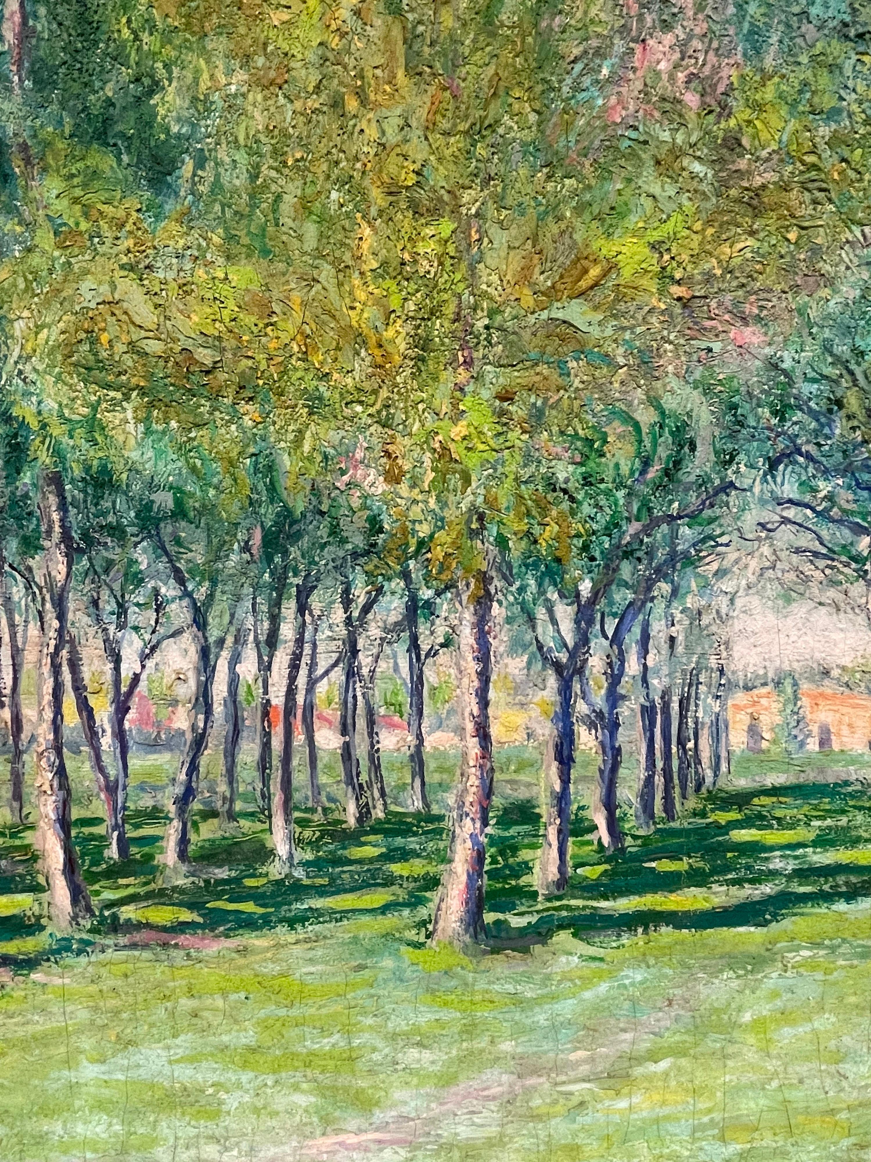 Very Large 1930's French Impressionist Signed Oil - Avenue of Green Wispy Trees For Sale 7