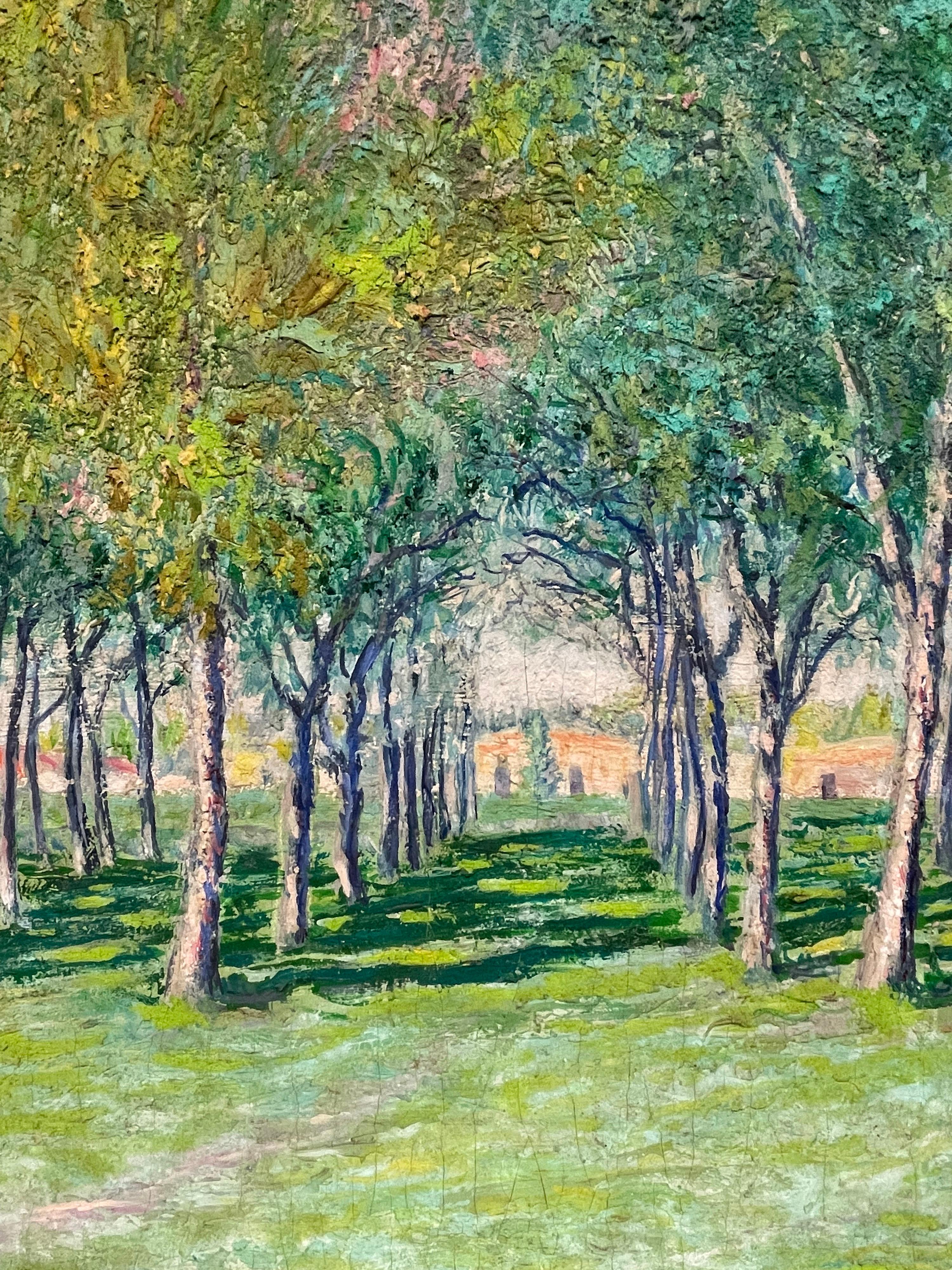 Très grande huile impressionniste française des années 1930, Avenue of Green Wispy Trees en vente 4