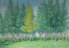 Antique Very Large 1930's French Impressionist Signed Oil - Avenue of Green Wispy Trees