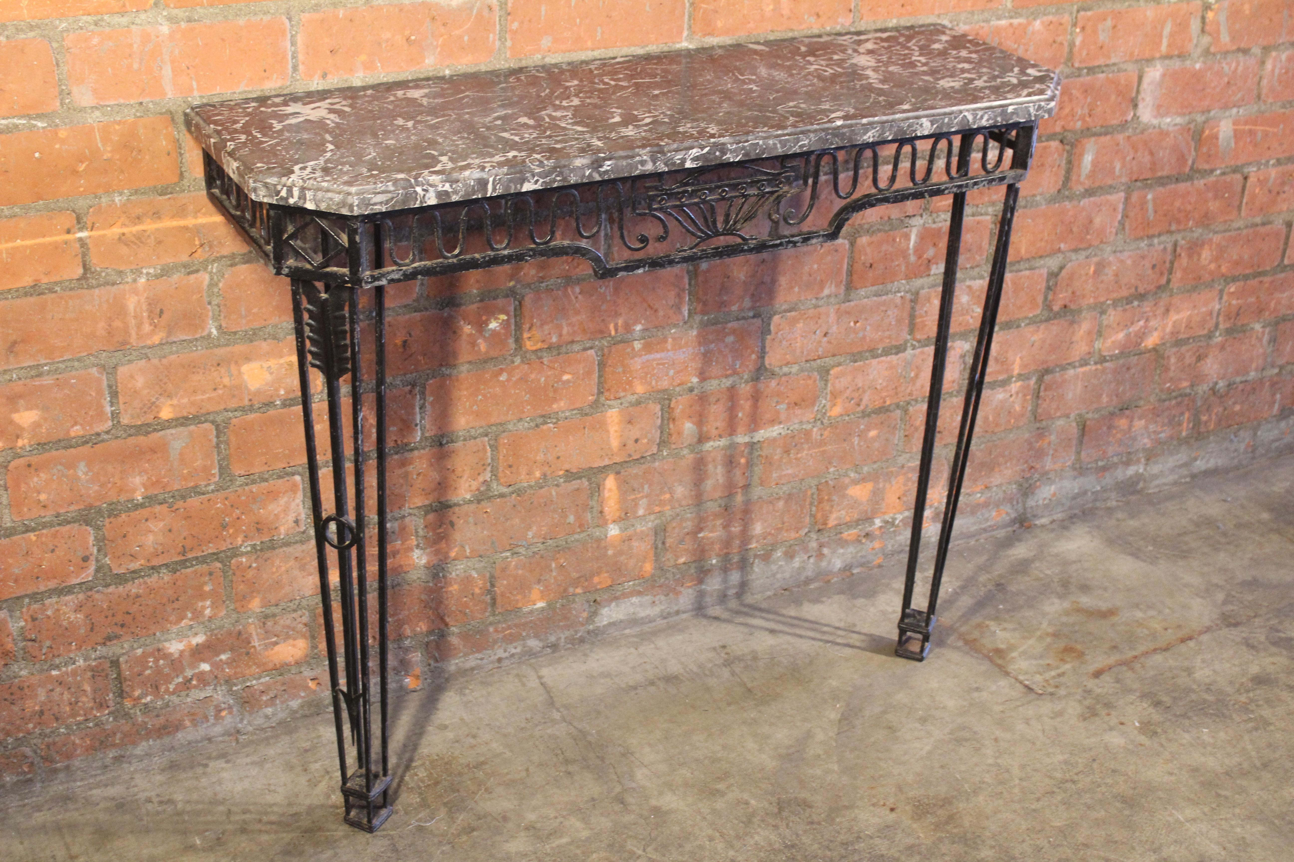 1930s French Iron and Marble Wall Mounted Console In Good Condition In Los Angeles, CA