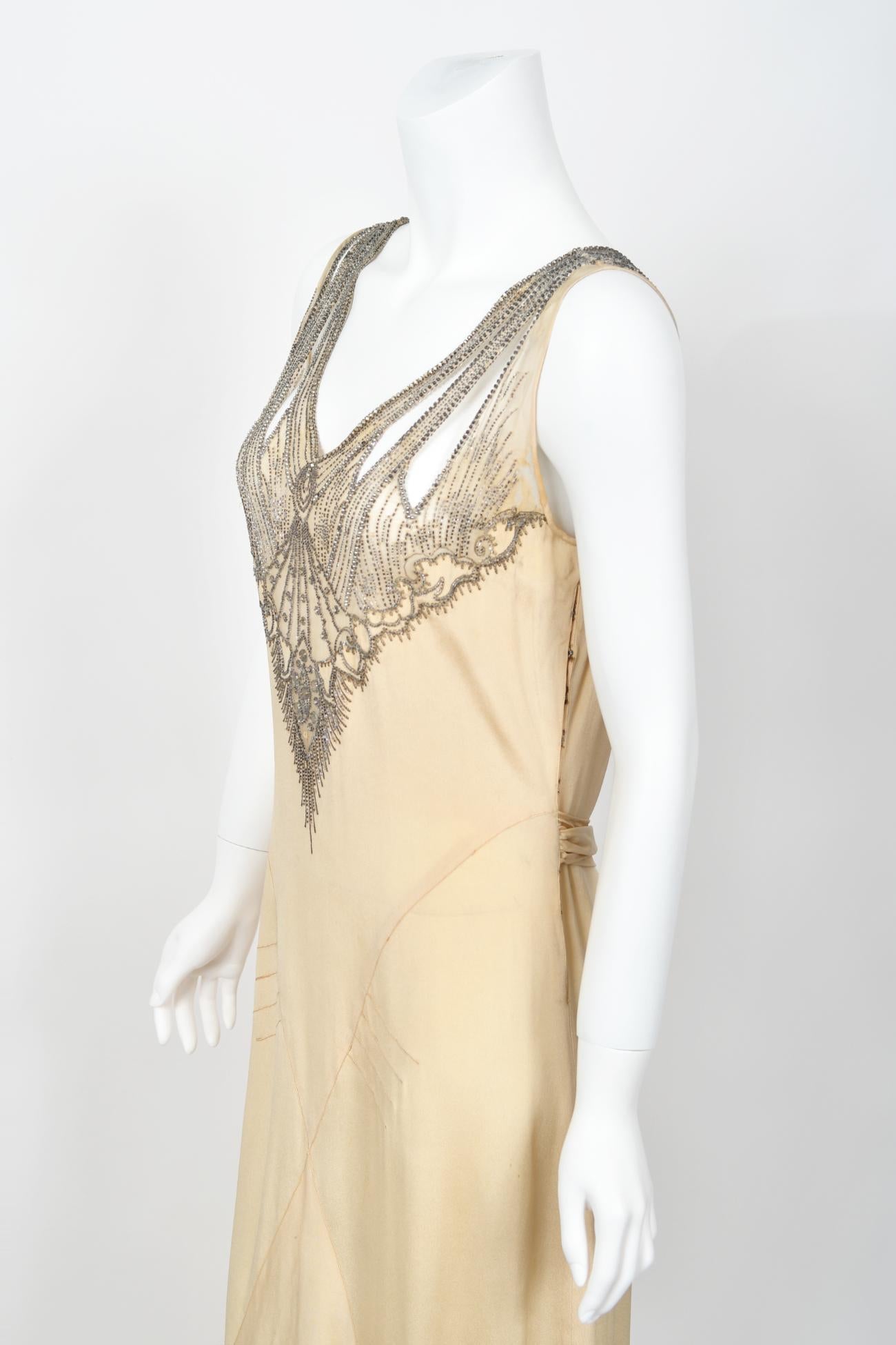 1930's French Ivory Creme Silk Beaded Sheer Illusion Deco Bias-Cut Bridal Gown   For Sale 6