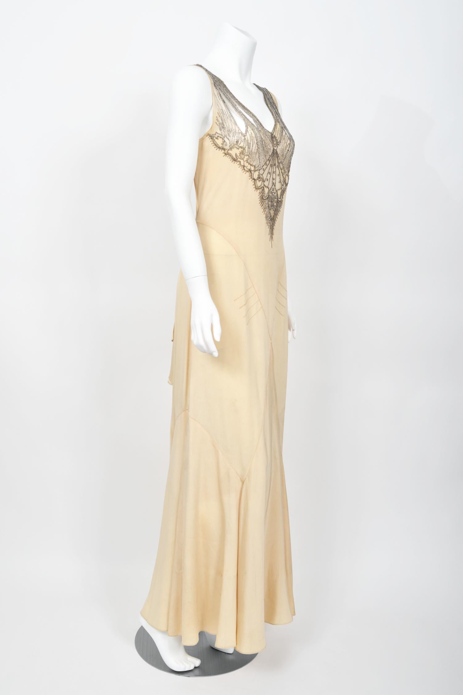 1930's French Ivory Creme Silk Beaded Sheer Illusion Deco Bias-Cut Bridal Gown   For Sale 7
