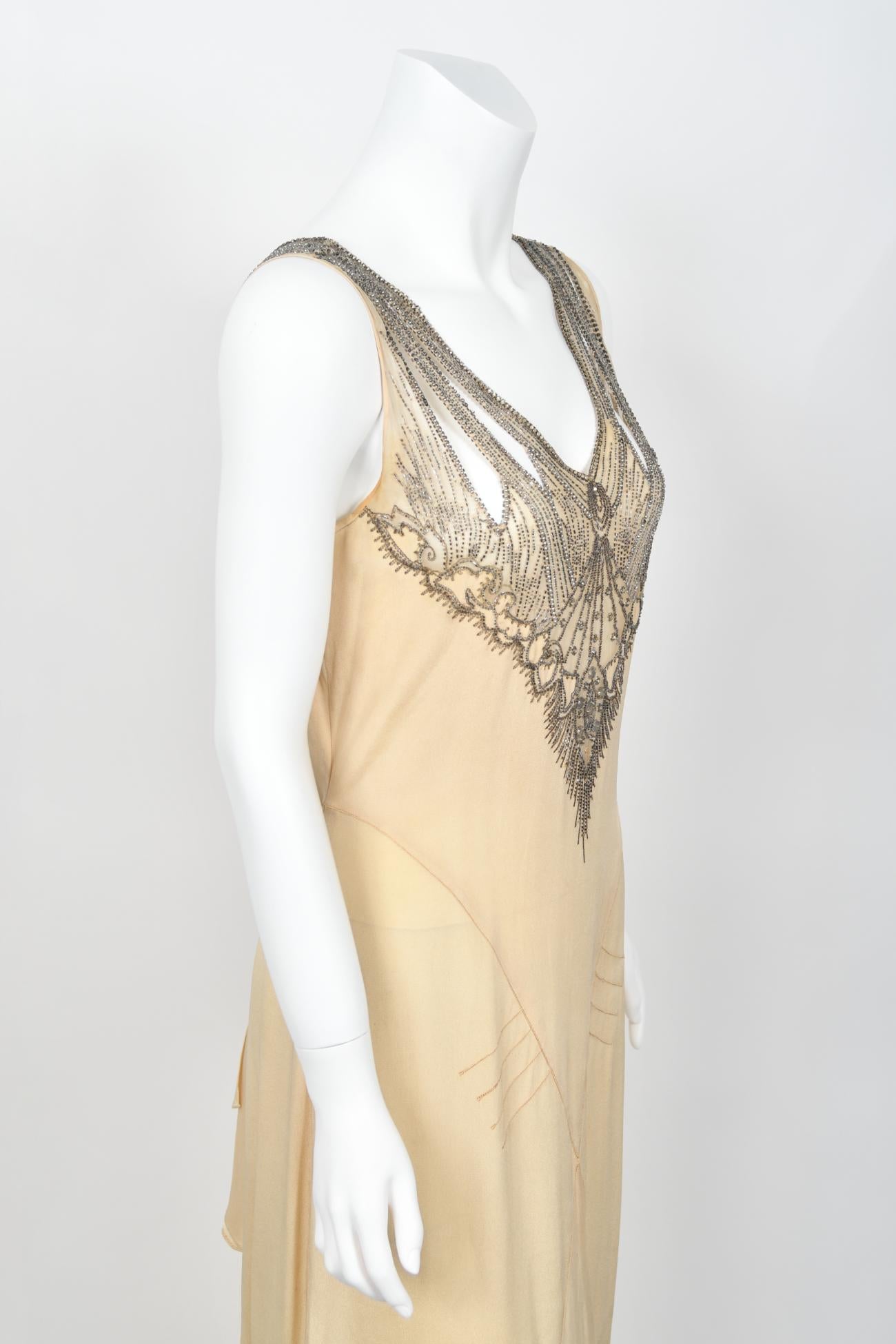 1930's French Ivory Creme Silk Beaded Sheer Illusion Deco Bias-Cut Bridal Gown   For Sale 8