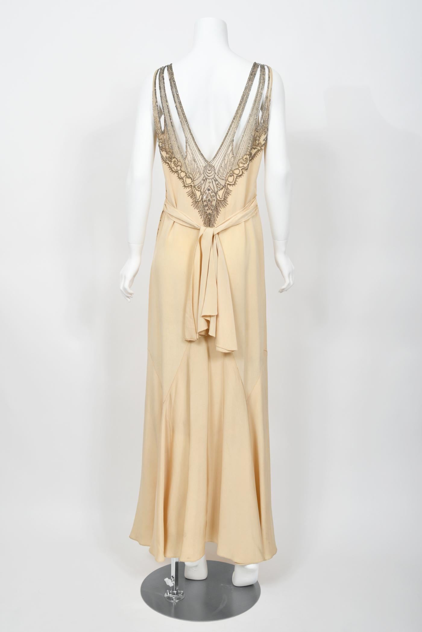 1930's French Ivory Creme Silk Beaded Sheer Illusion Deco Bias-Cut Bridal Gown   For Sale 9