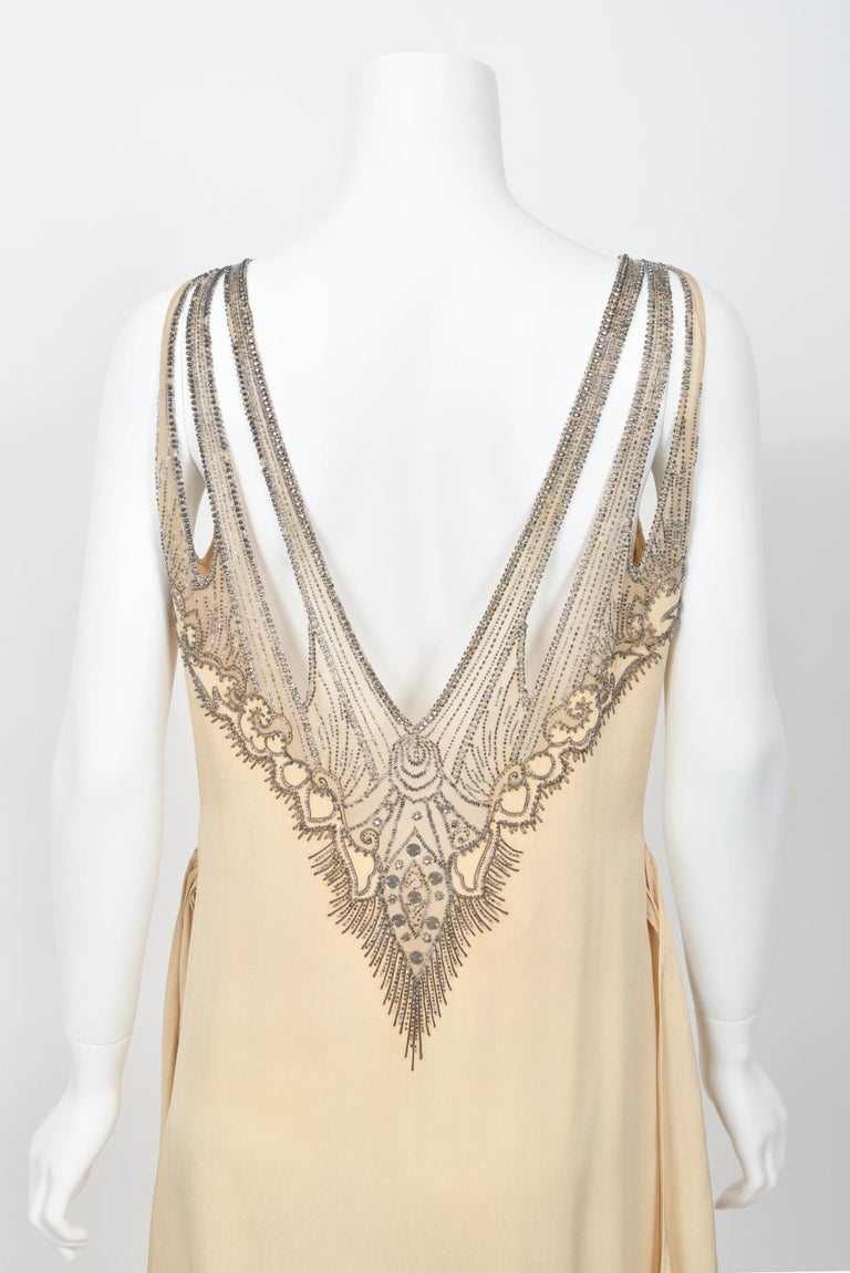 1930's French Ivory Creme Silk Beaded Sheer Illusion Deco Bias-Cut Bridal  Gown at 1stDibs