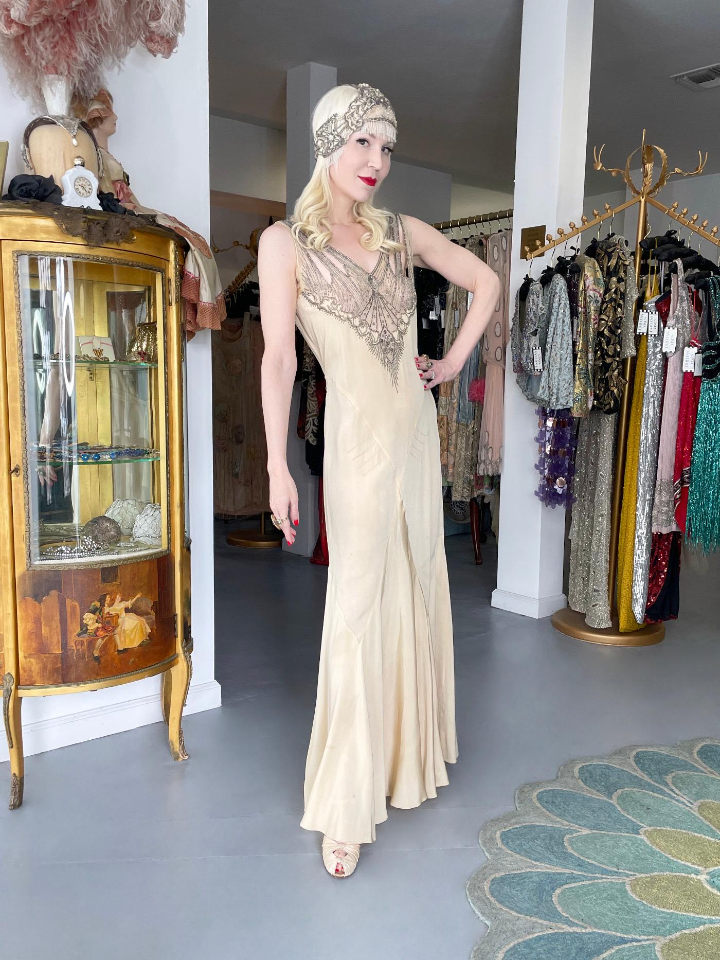 1930's French Ivory Creme Silk Beaded Sheer Illusion Deco Bias-Cut Bridal Gown   For Sale 11