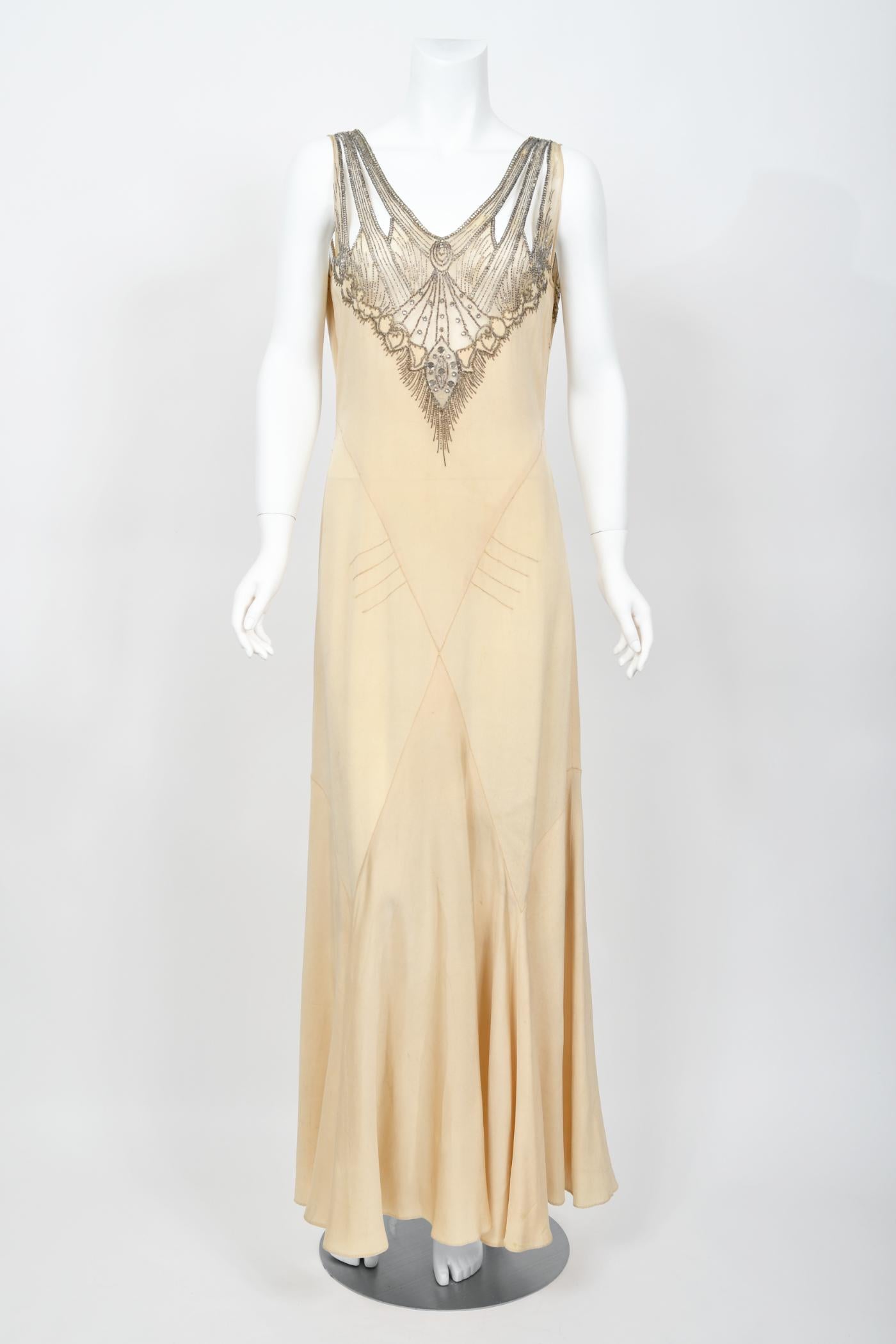 1930's French Ivory Creme Silk Beaded Sheer Illusion Deco Bias-Cut Bridal Gown   For Sale 1