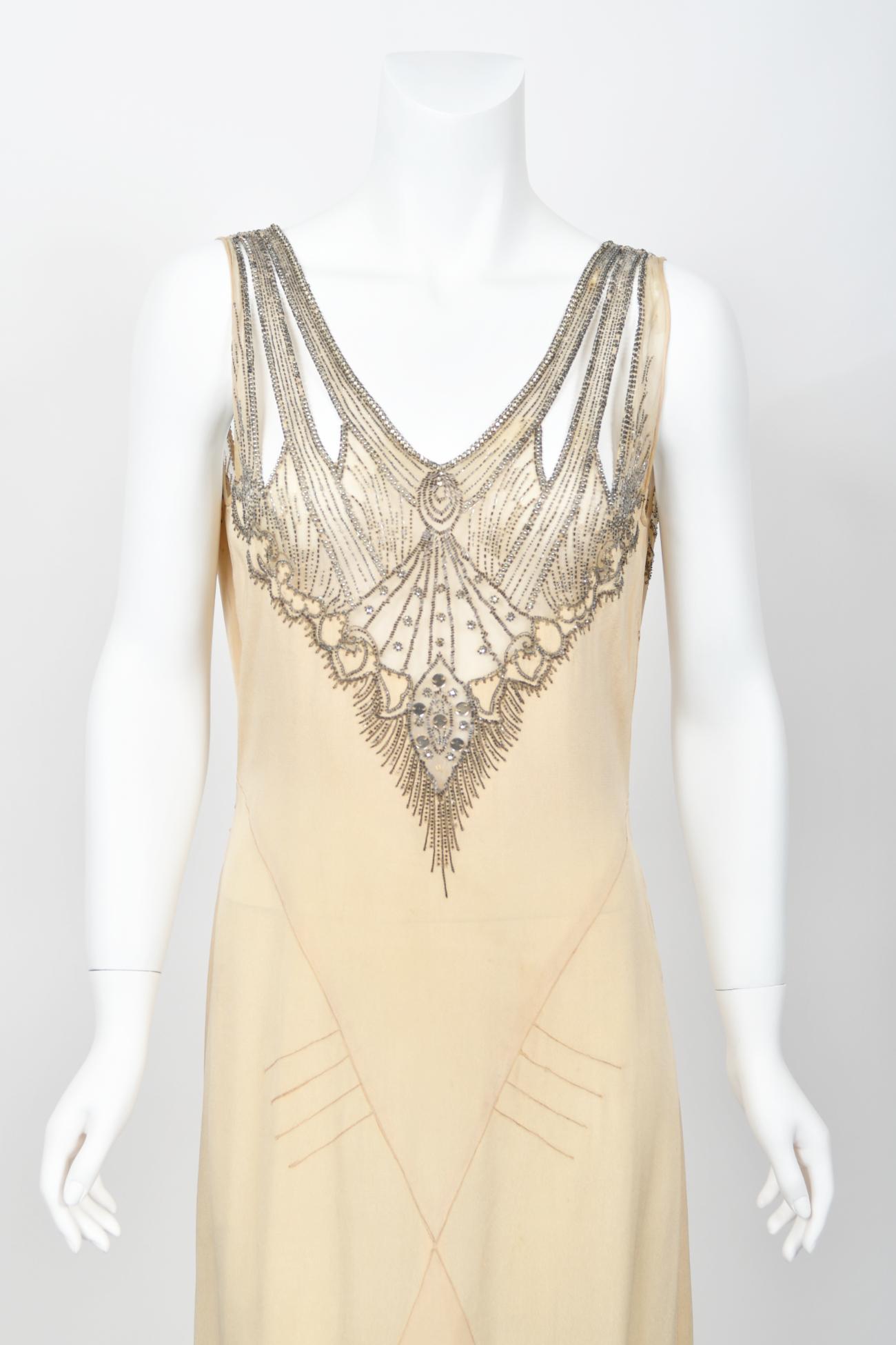 1930's French Ivory Creme Silk Beaded Sheer Illusion Deco Bias-Cut Bridal Gown   For Sale 2