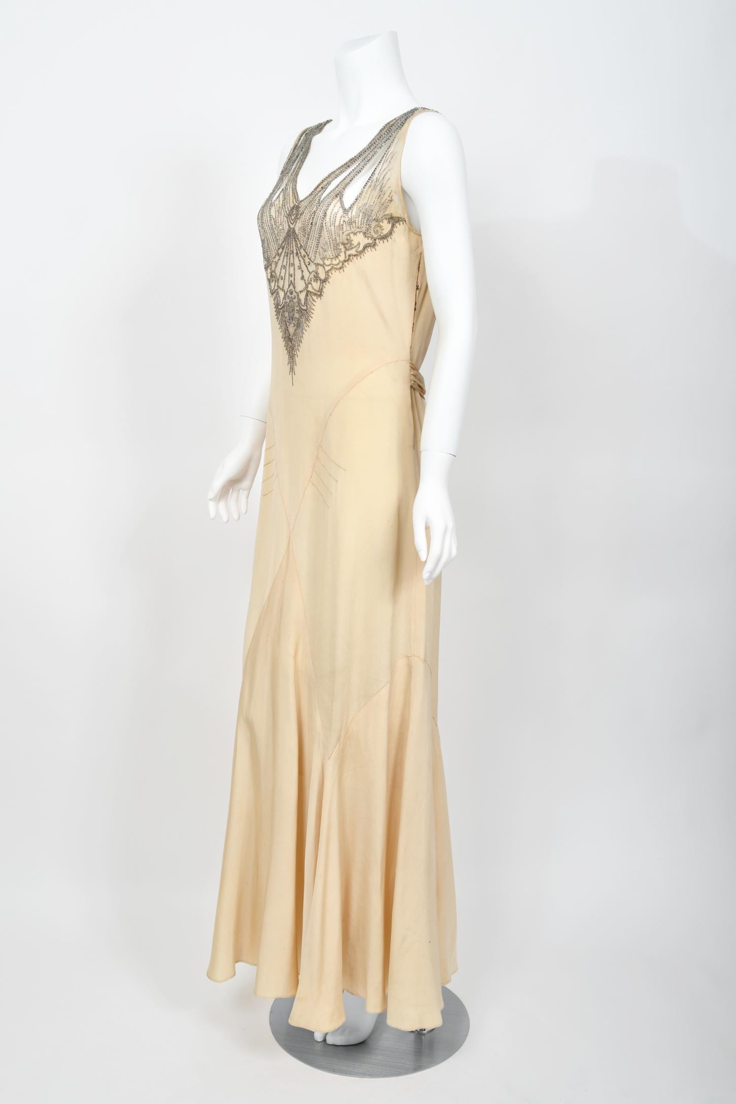 1930's French Ivory Creme Silk Beaded Sheer Illusion Deco Bias-Cut Bridal Gown   For Sale 5