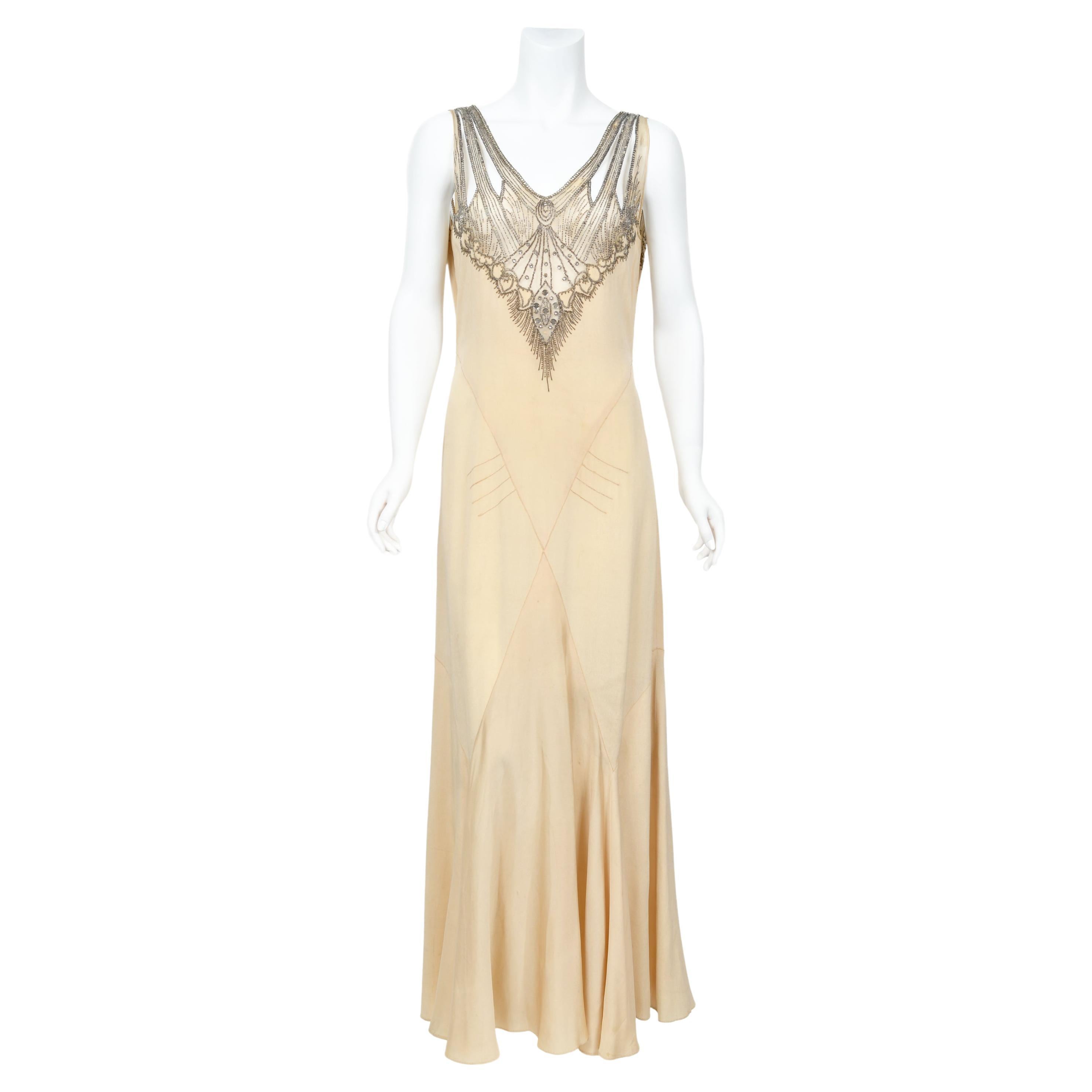 1930's French Ivory Creme Silk Beaded Sheer Illusion Deco Bias-Cut Bridal Gown   For Sale