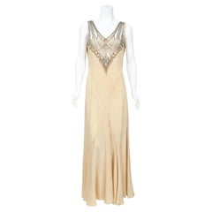 Used 1930's French Ivory Creme Silk Beaded Sheer Illusion Deco Bias-Cut Bridal Gown  