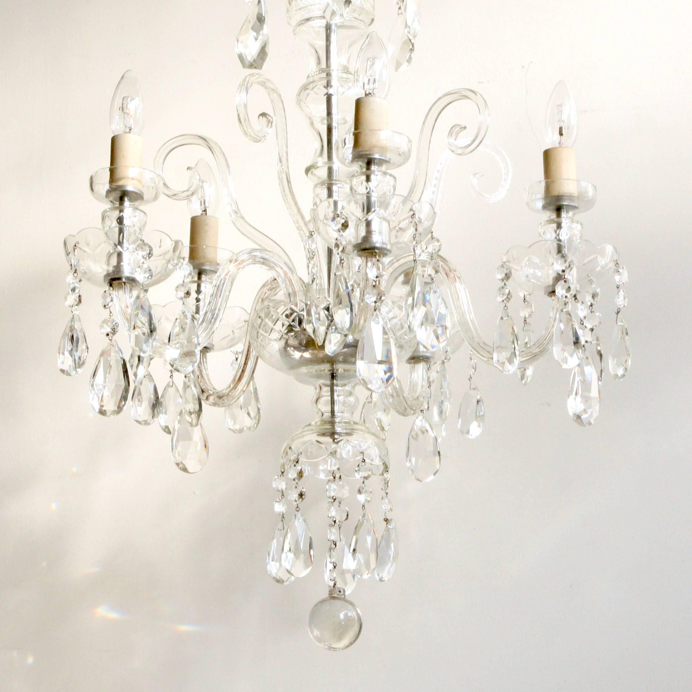 1930s French Large Bohemian Crystal Swan Neck Chandelier with Cut Crystal Drops In Good Condition In Stockport, GB