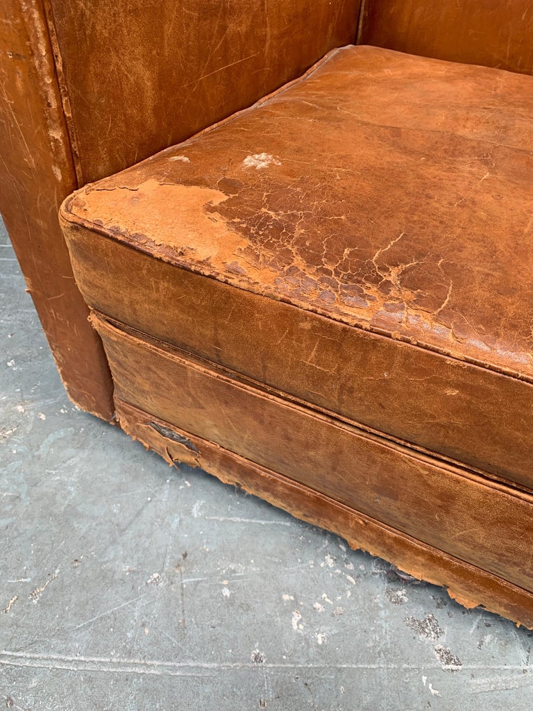 1930s French Leather Club Chair In Fair Condition For Sale In Los Angeles, CA