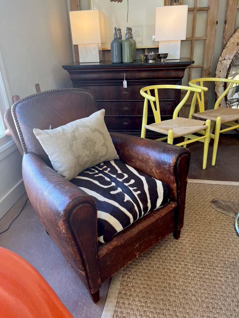 1930s French Leather Club Chair with Zebra Hide Seat 1