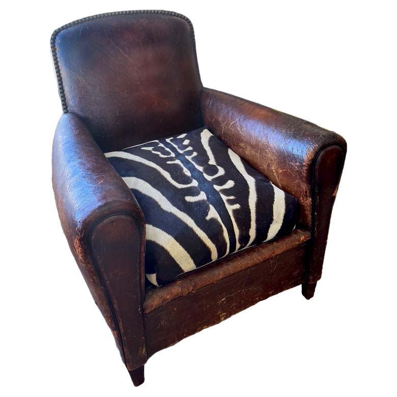 1930s French Leather Club Chair with Zebra Hide Seat