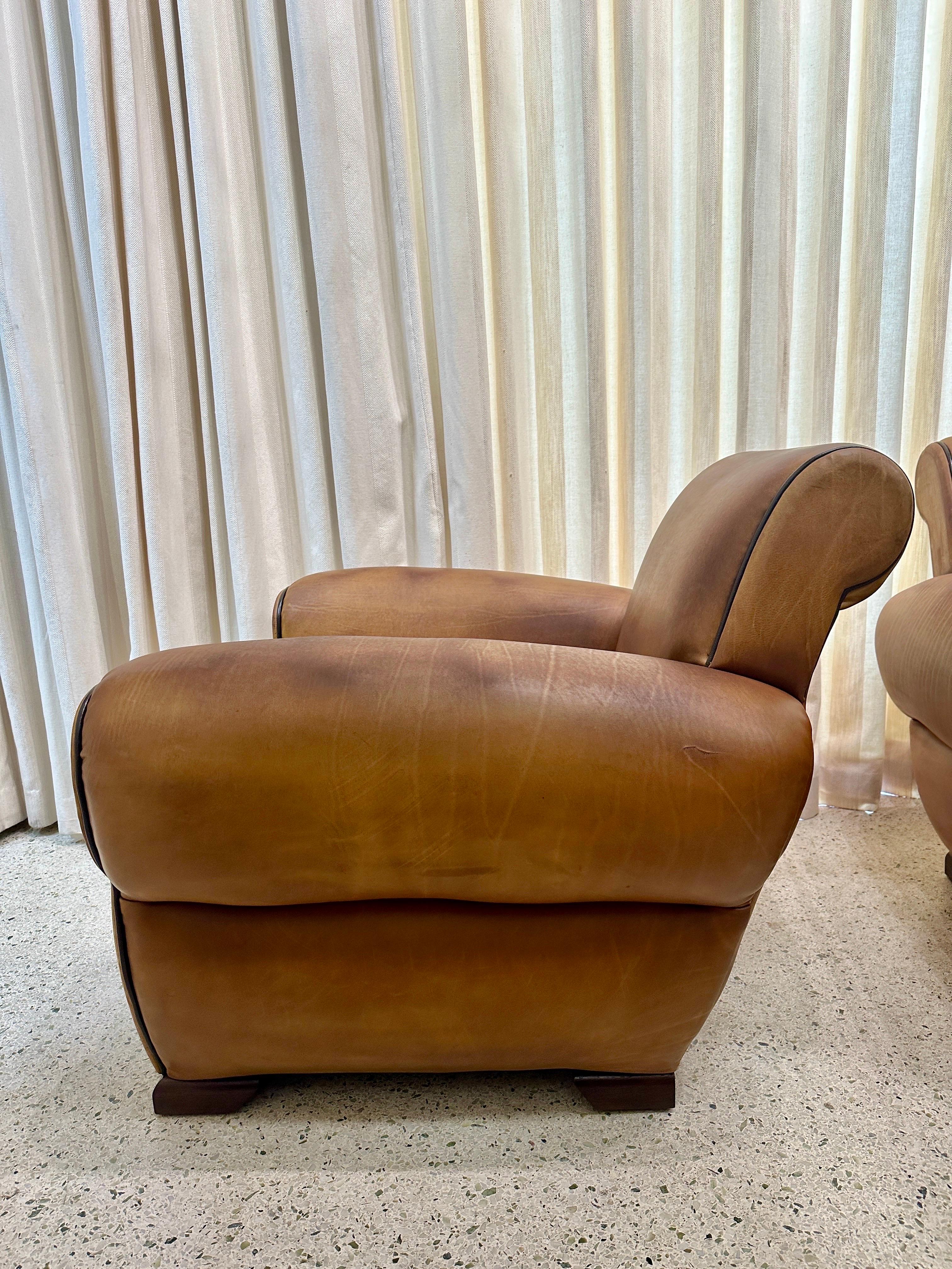 1930's French Leather Club Chairs, PAIR For Sale 8