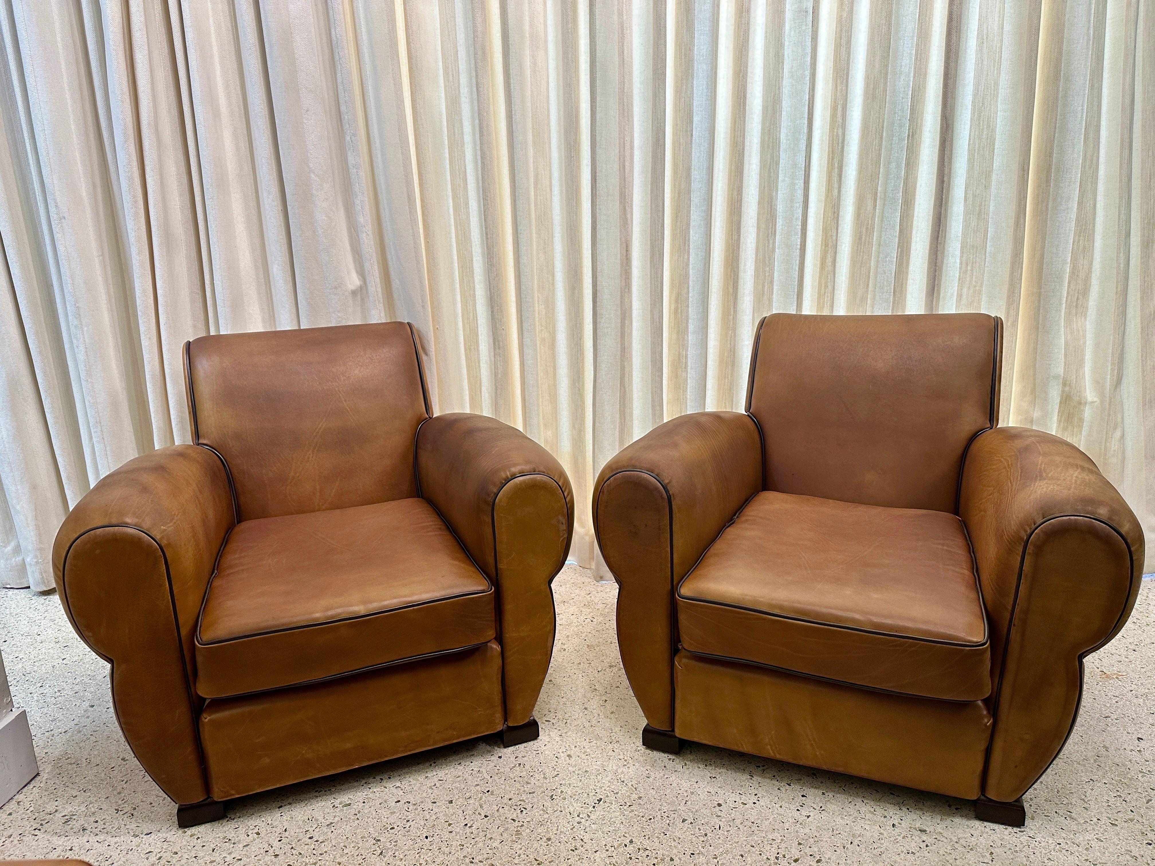 1930's French Leather Club Chairs, PAIR For Sale 9