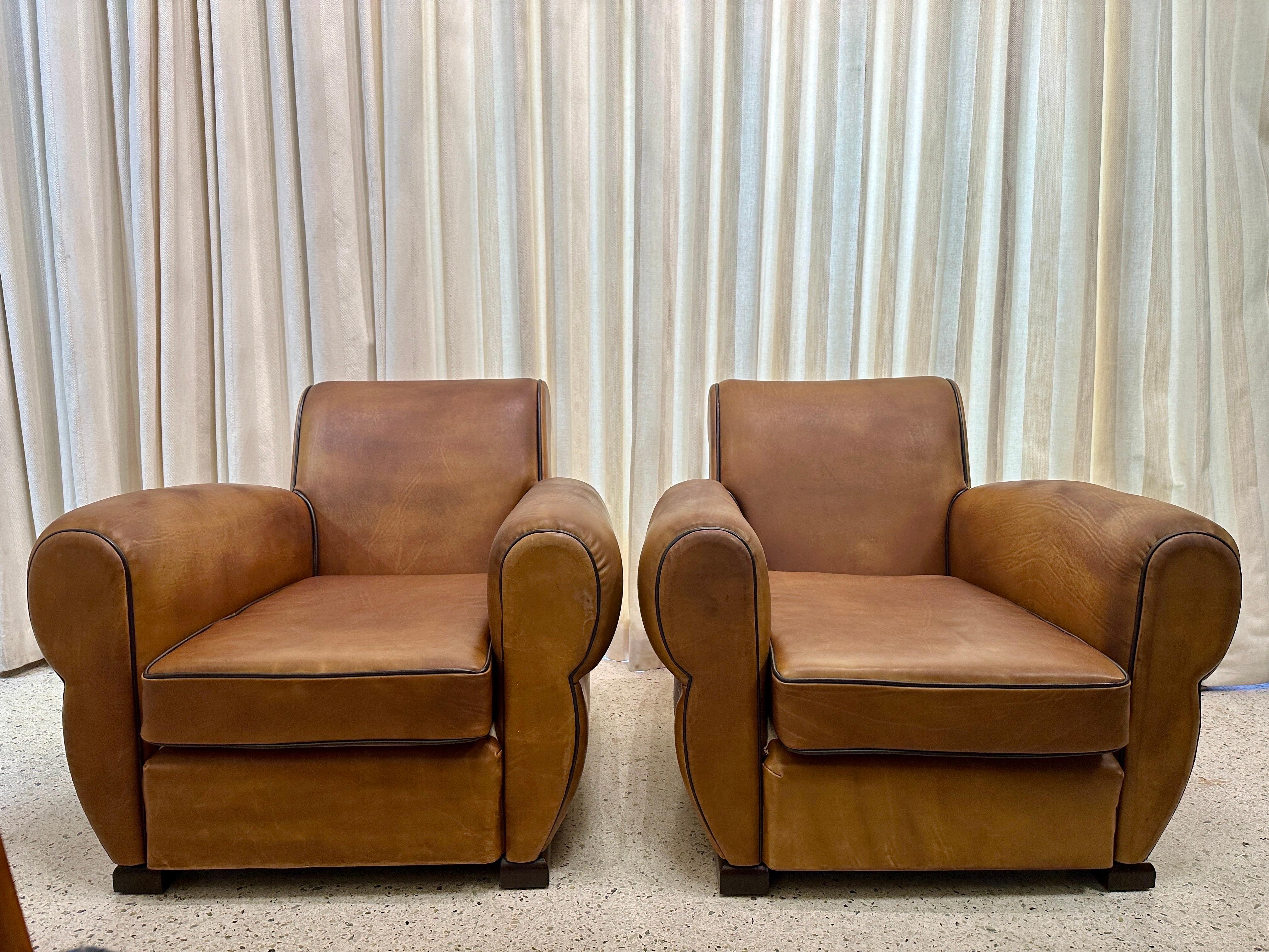 1930's French Leather Club Chairs, PAIR For Sale 12