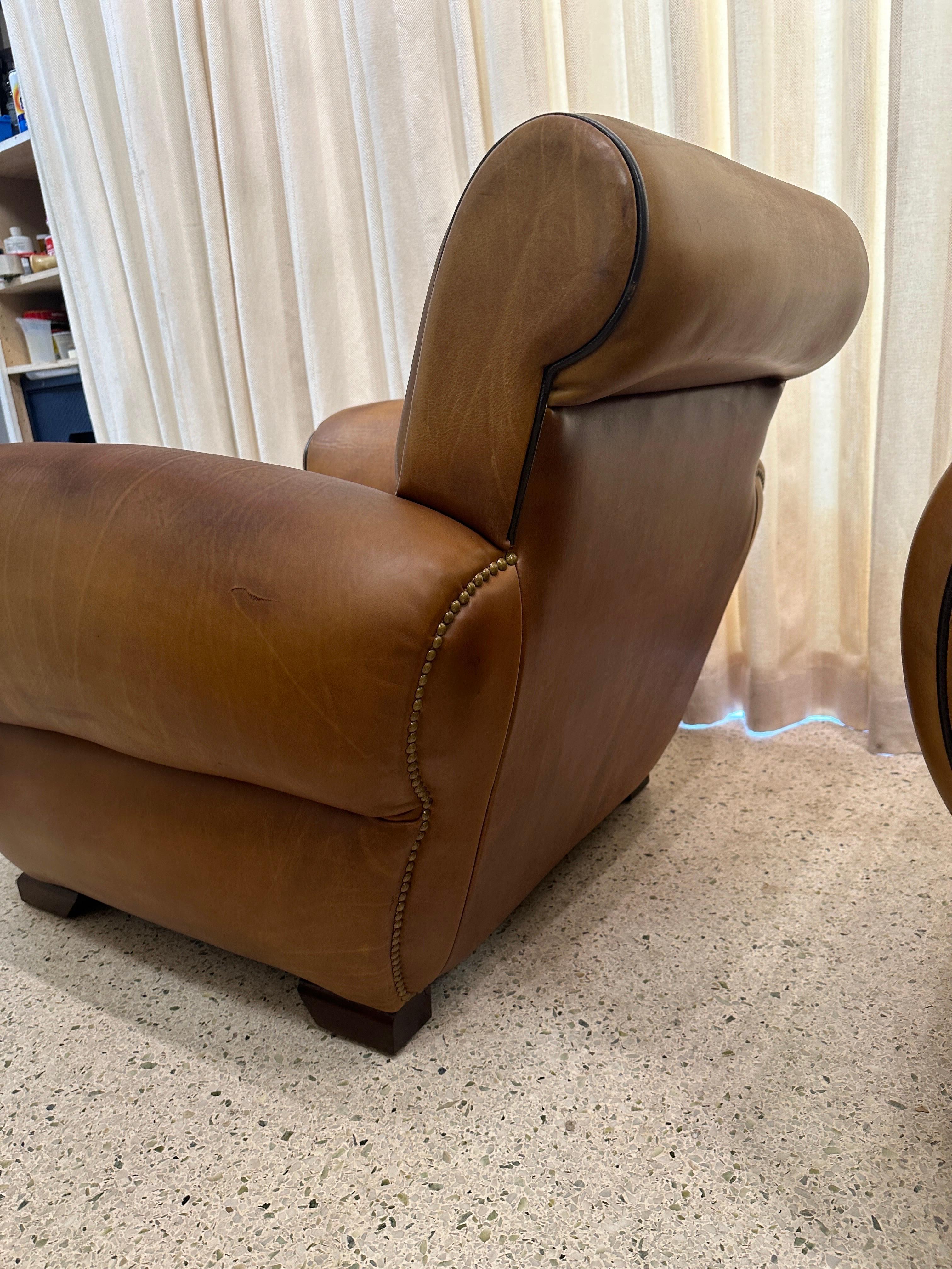 1930's French Leather Club Chairs, PAIR For Sale 13
