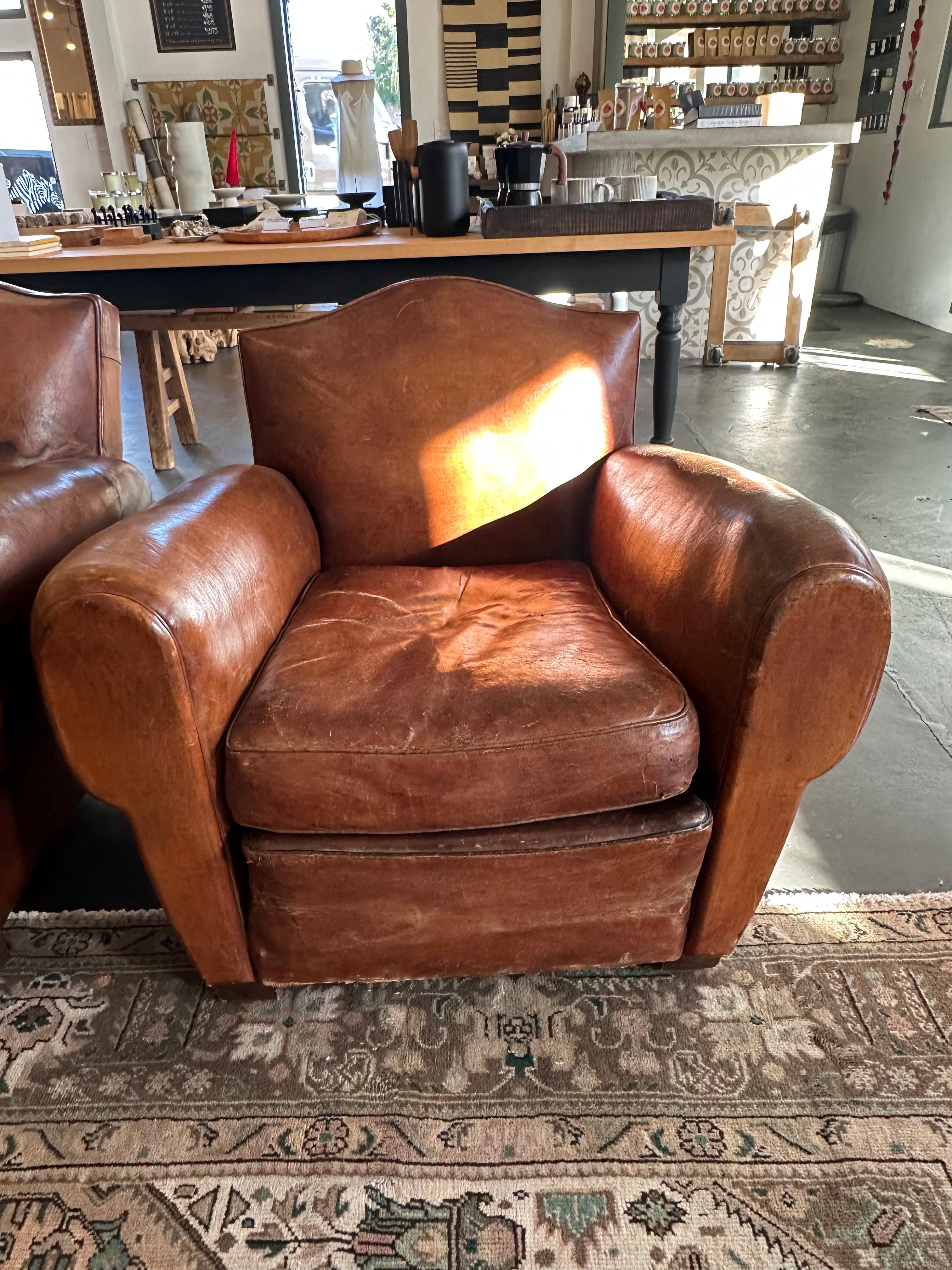 1930's French Leather Club Chairs Pair In Fair Condition For Sale In Los Angeles, CA