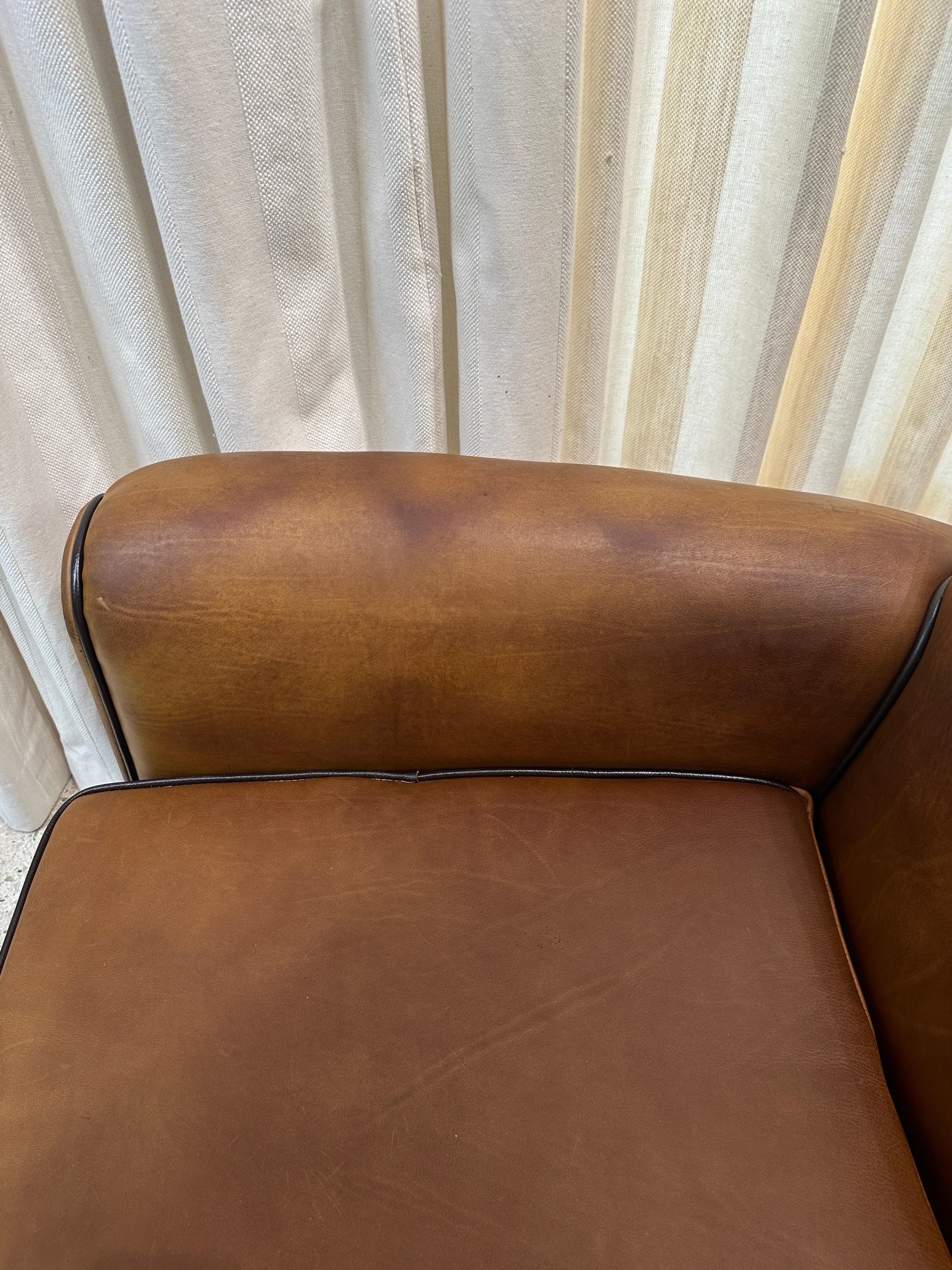 1930's French Leather Club Chairs, PAIR In Good Condition For Sale In North Miami, FL