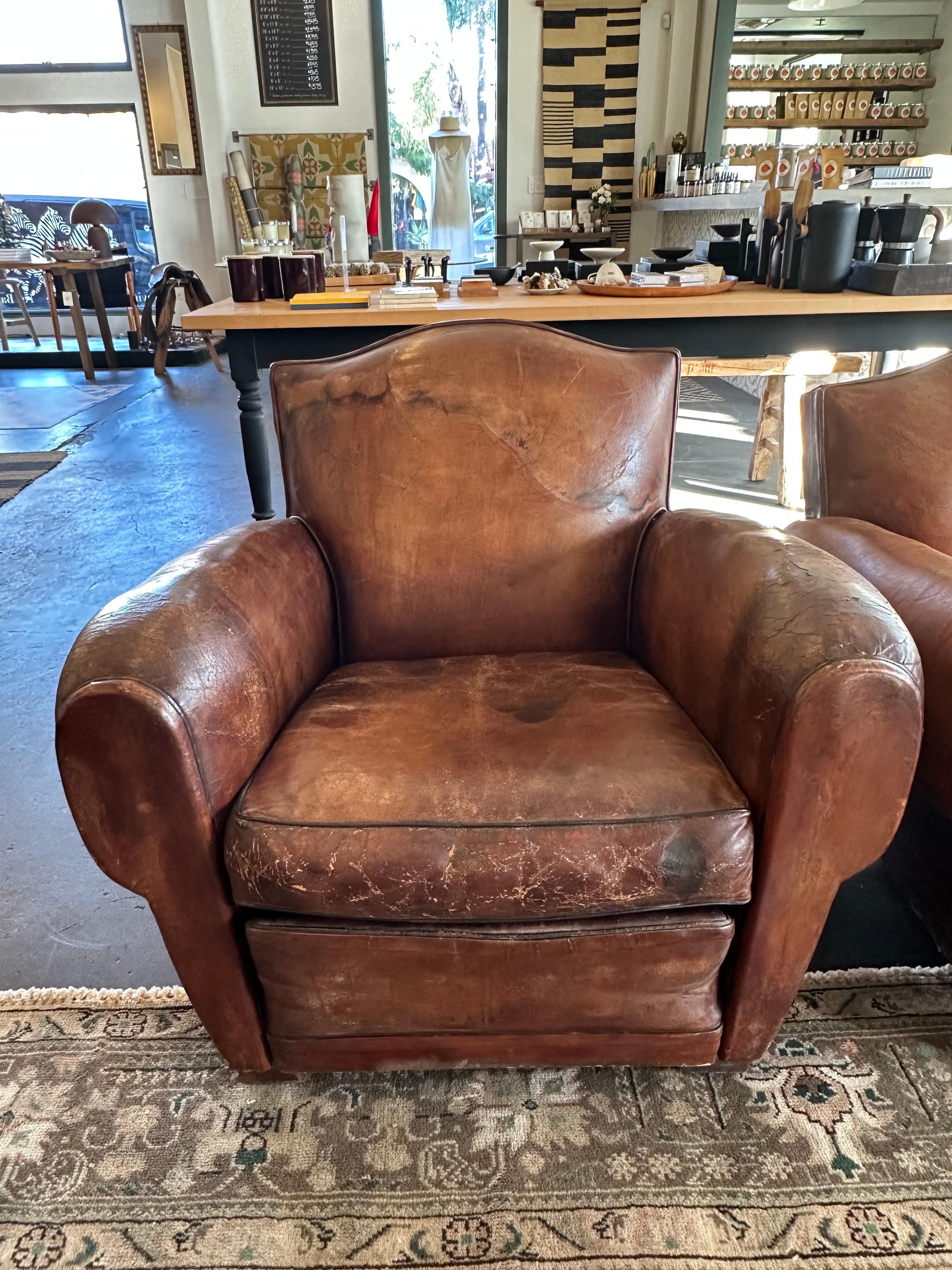 Mid-20th Century 1930's French Leather Club Chairs Pair For Sale