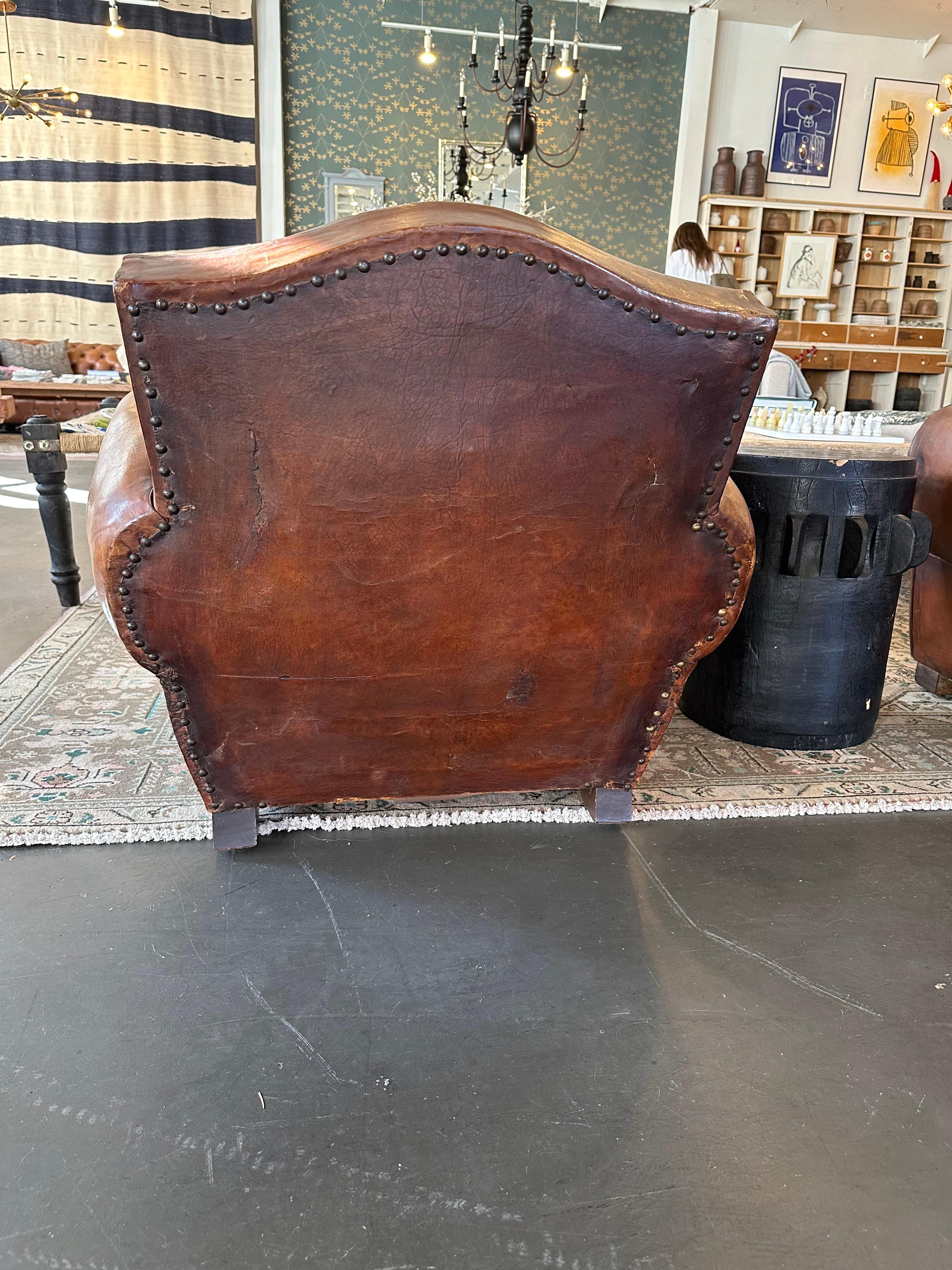 1930's French Leather Club Chairs Pair For Sale 2
