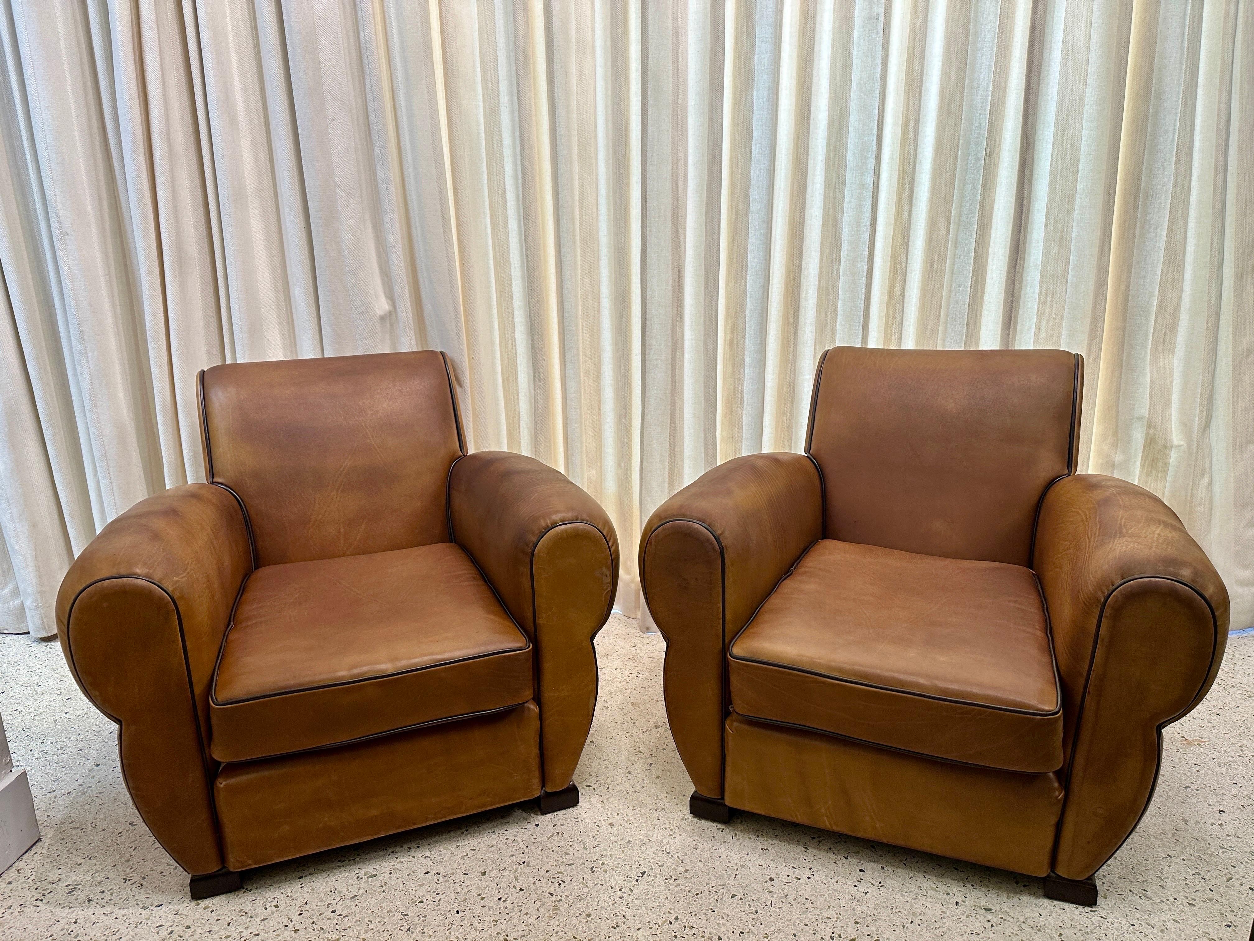 1930's French Leather Club Chairs, PAIR For Sale 2