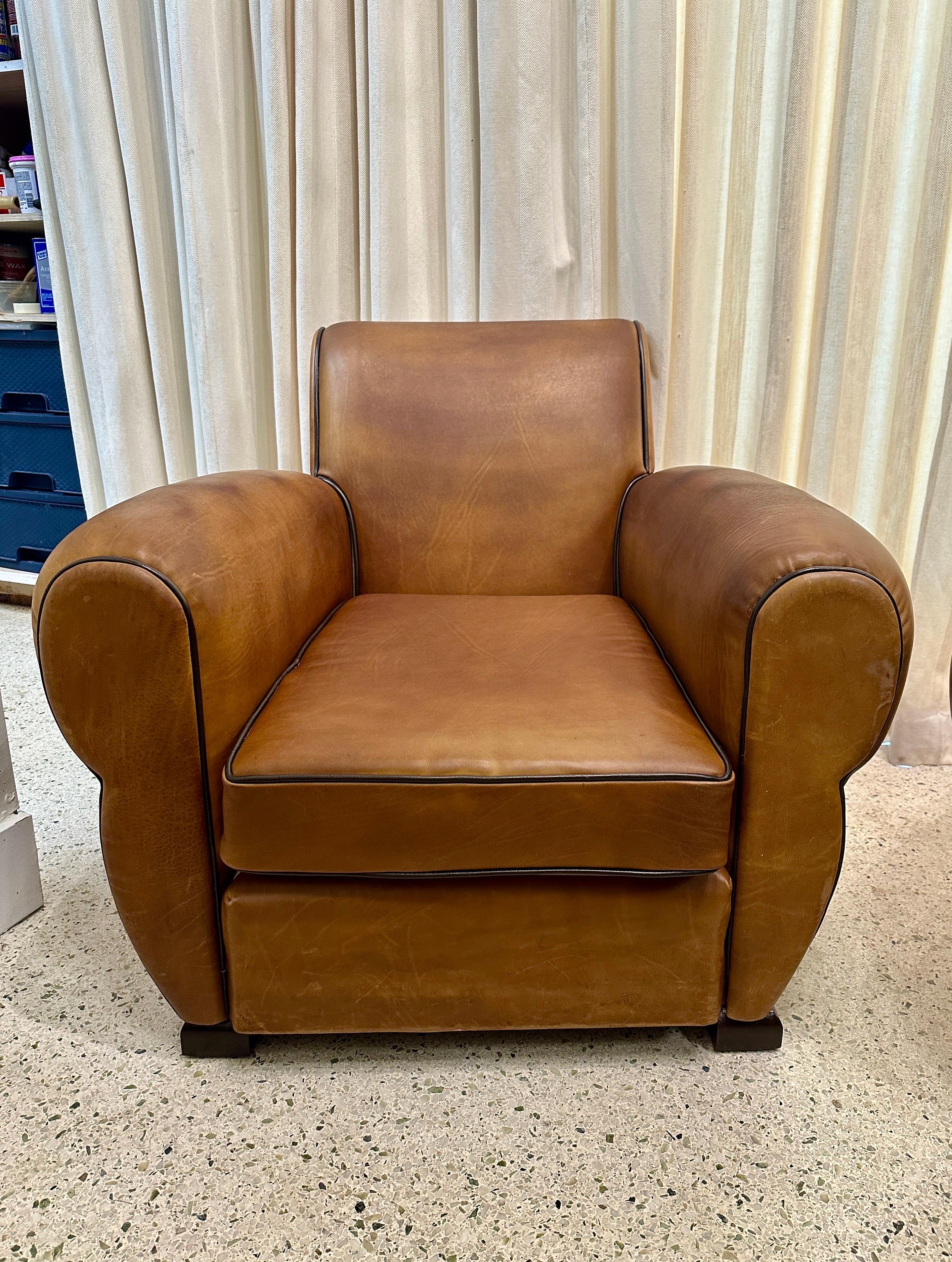 1930's French Leather Club Chairs, PAIR For Sale 4