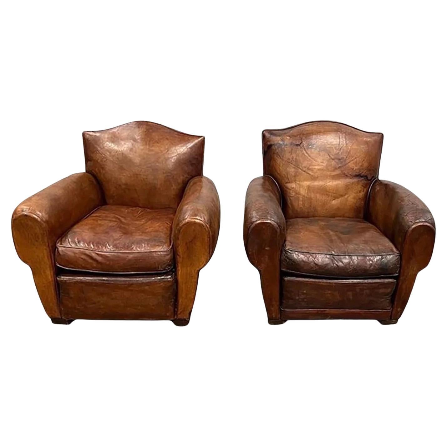 1930's French Leather Club Chairs Pair For Sale