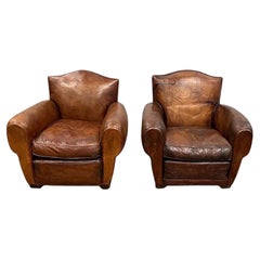 1930's French Leather Club Chairs Pair