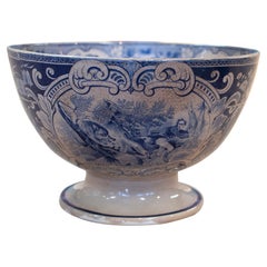 1930s French Lebeuf Milliet White & Cobalt Blue Porcelain Dish w/ Hunting Scene