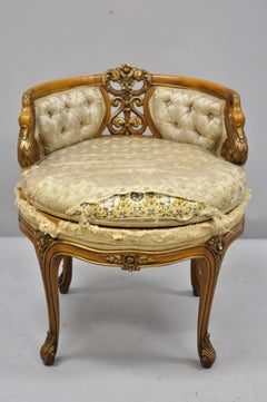 1930s French Louis XV Style Swan Carved Swivel Vanity Bench Seat Chair