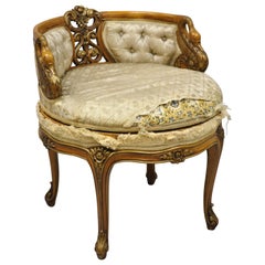 1930s French Louis XV Style Swan Carved Swivel Vanity Bench Seat Chair
