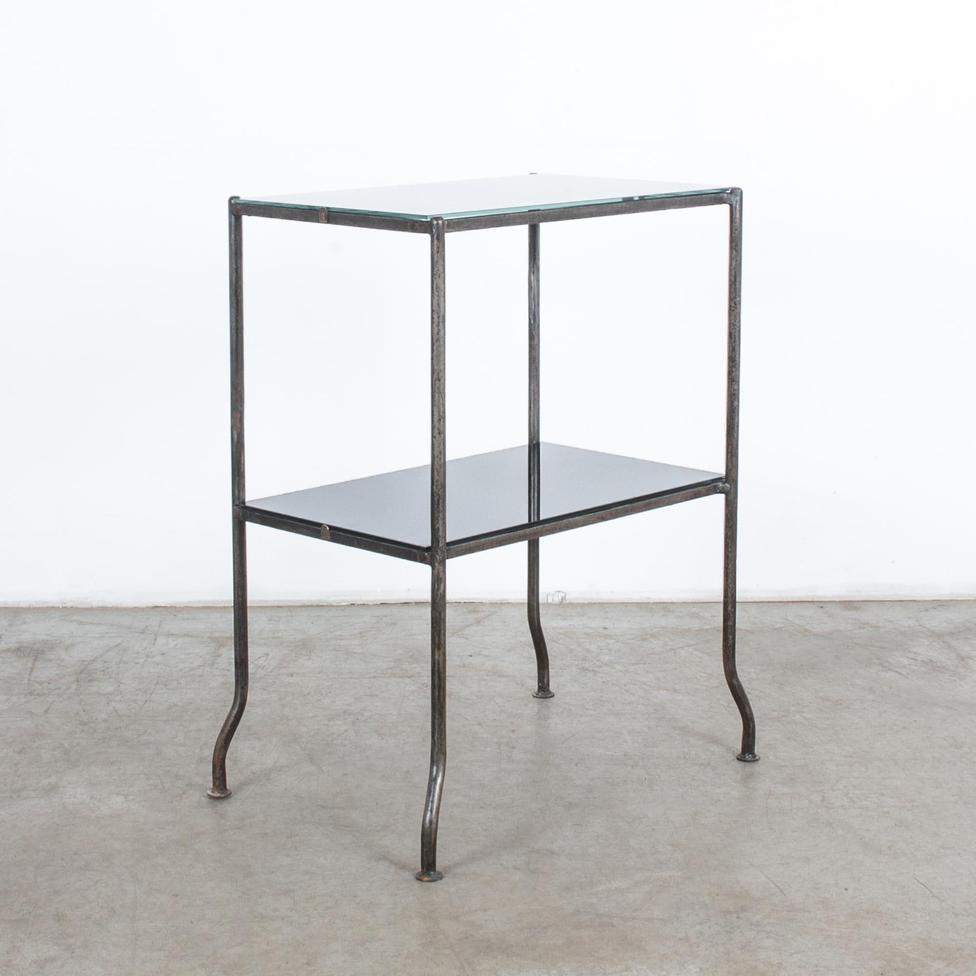 Industrial 1930s French Metal Table with Black Glass Top