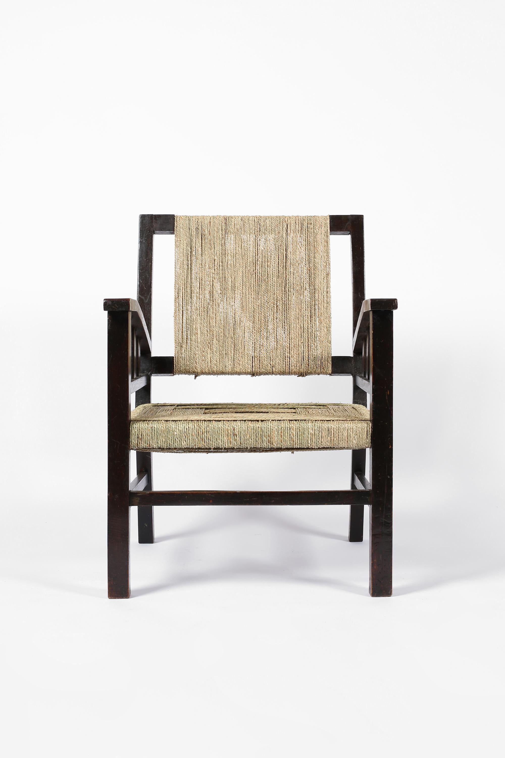 Hand-Woven 1930s French Modernist Art Deco Armchair by Francis Jourdain in Beech and Rope For Sale