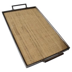 Plateau moderniste français des années 1930 en raphia et laiton chromé, style Adnet