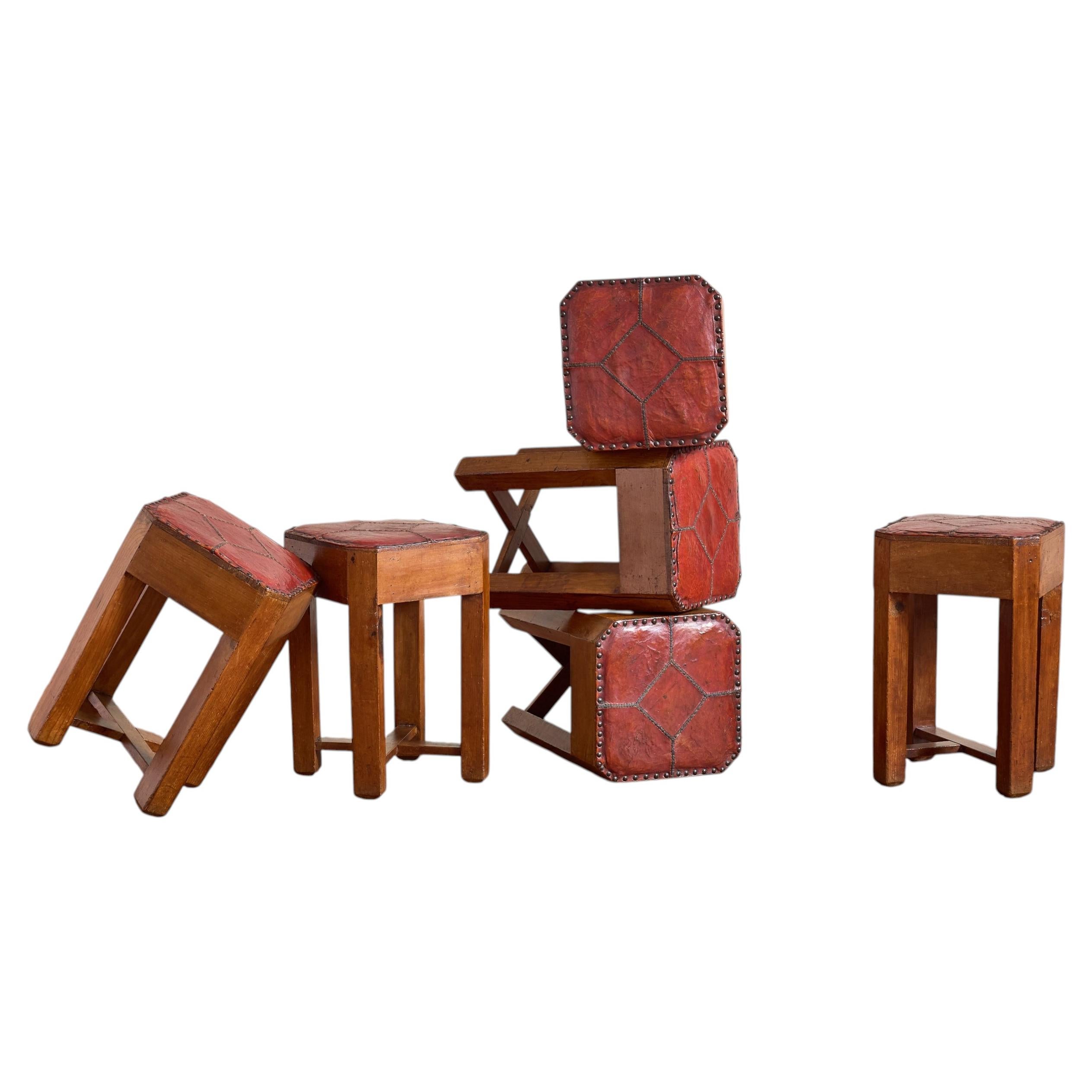 1930's French Oak and Leather Stool For Sale