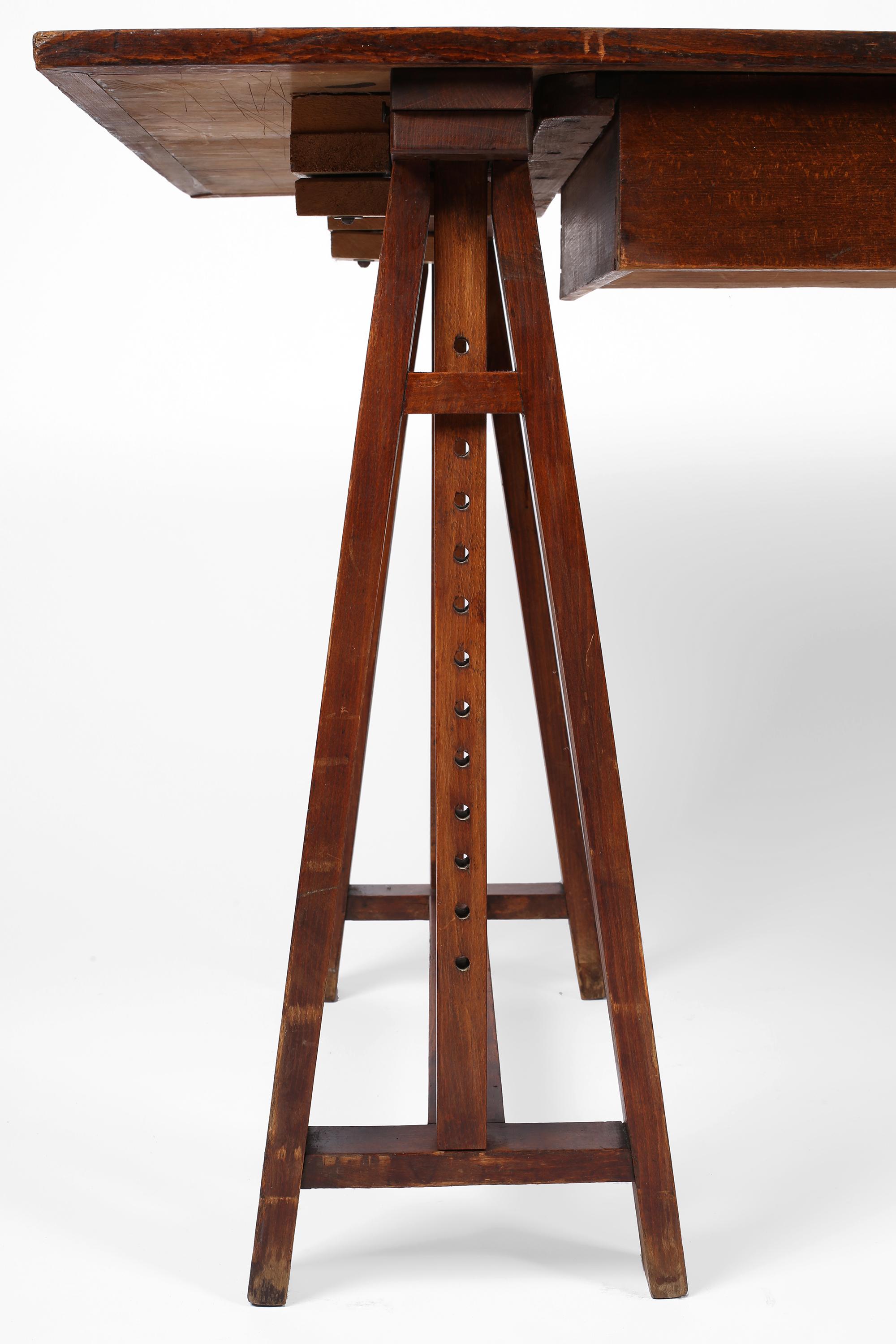 1930s French Oak Architect's Trestle Desk In Fair Condition In London, GB