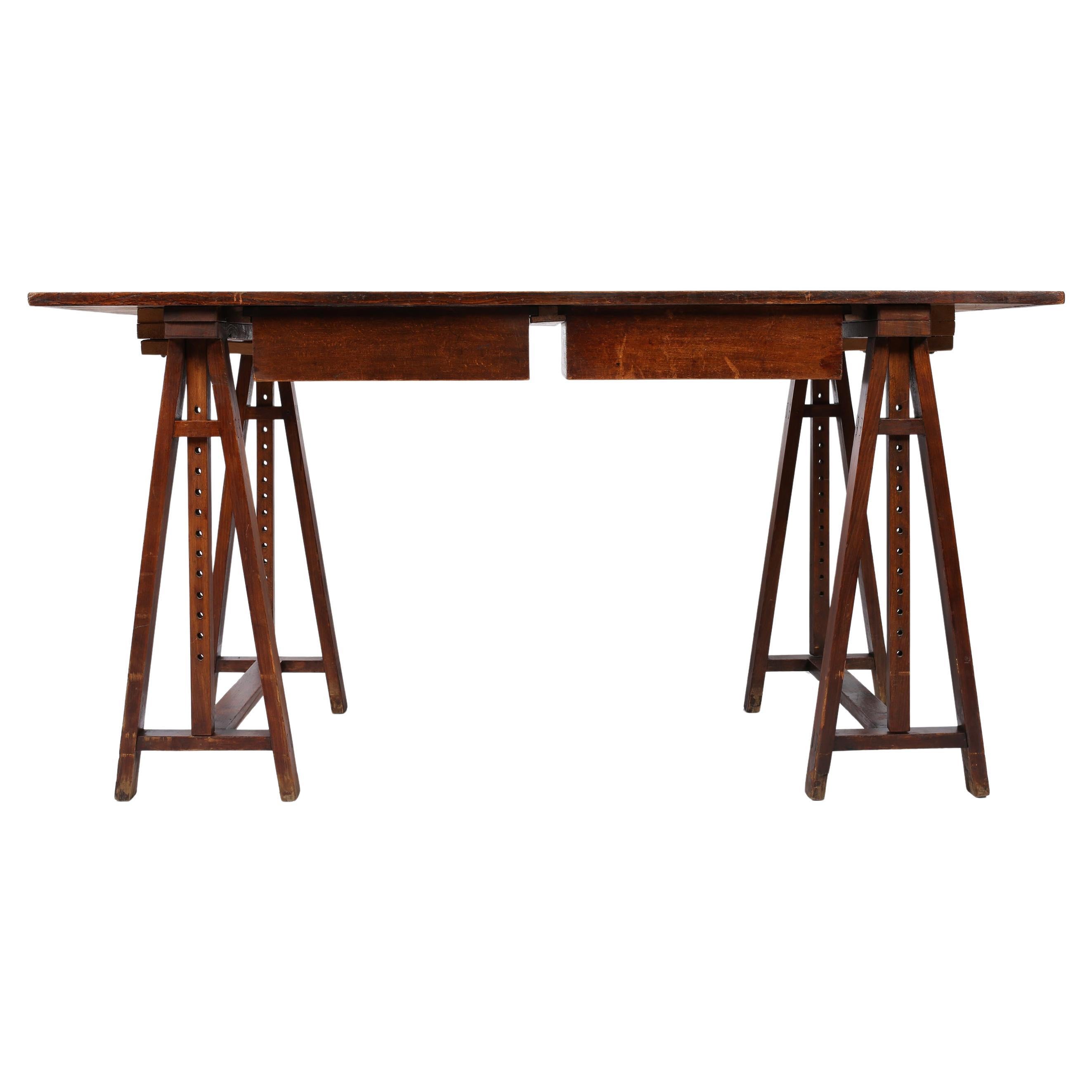 1930s French Oak Architect's Trestle Desk