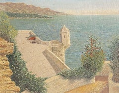 1930's MONTE CARLO MONACO OIL PAINTING MUSEE OCEANOGRAPHIC COASTAL SCENE